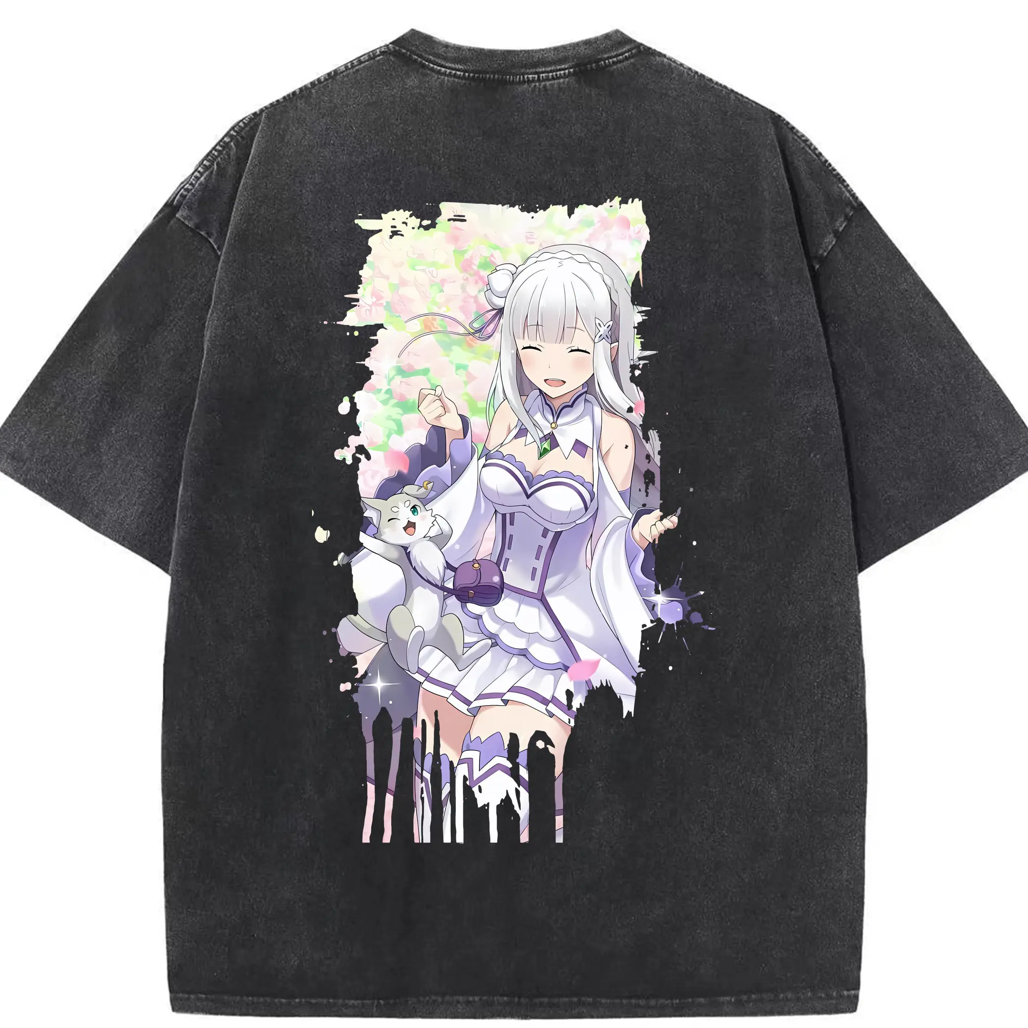 リゼロ グッズ エミリア - 綿100％ ヴィンテージ風 半袖Tシャツ ・ 背面プリント ・ 柔らか肌触り ・ 通気性 快適 ・ スポーツ カジュアル 外出用