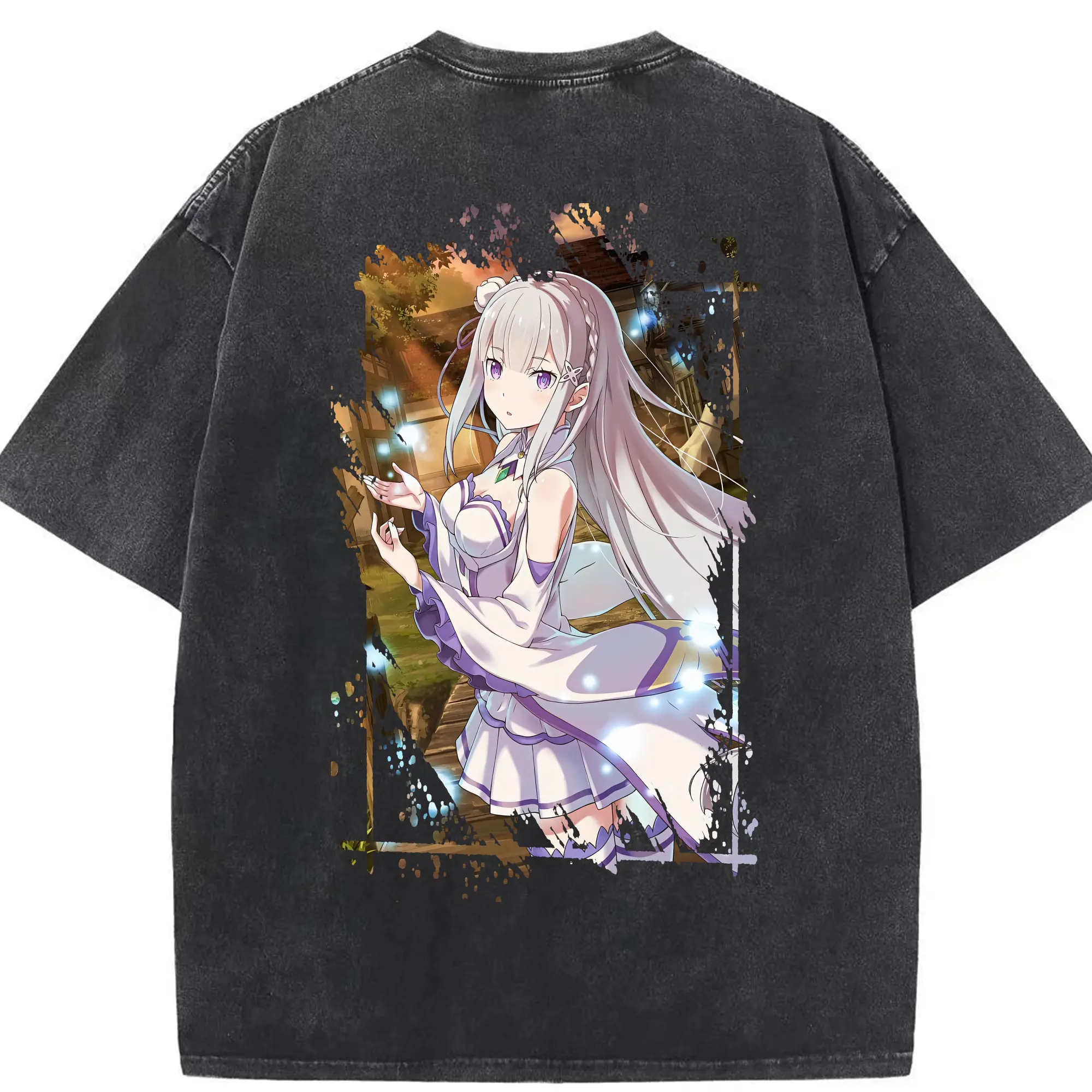 リゼロ グッズ エミリア - 綿100％ ヴィンテージ風 半袖Tシャツ ・ 背面プリント ・ 柔らか肌触り ・ 通気性 快適 ・ スポーツ カジュアル 外出用