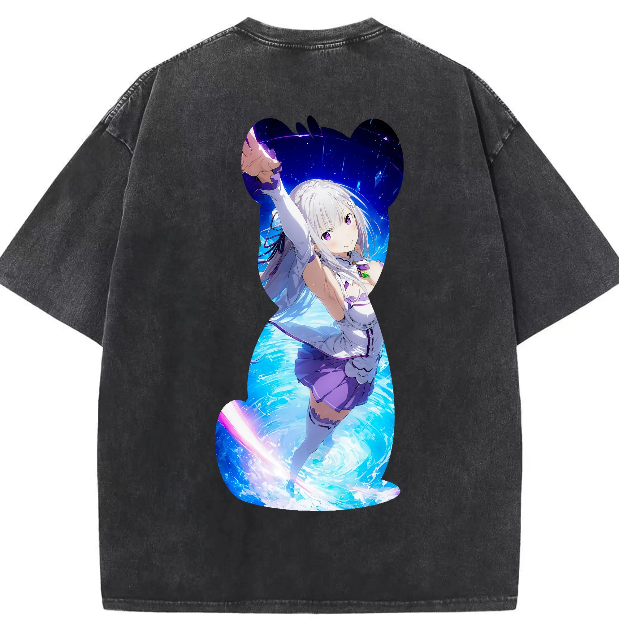 リゼロ グッズ エミリア - 綿100％ ヴィンテージ風 半袖Tシャツ ・ 背面プリント ・ 柔らか肌触り ・ 通気性 快適 ・ スポーツ カジュアル 外出用