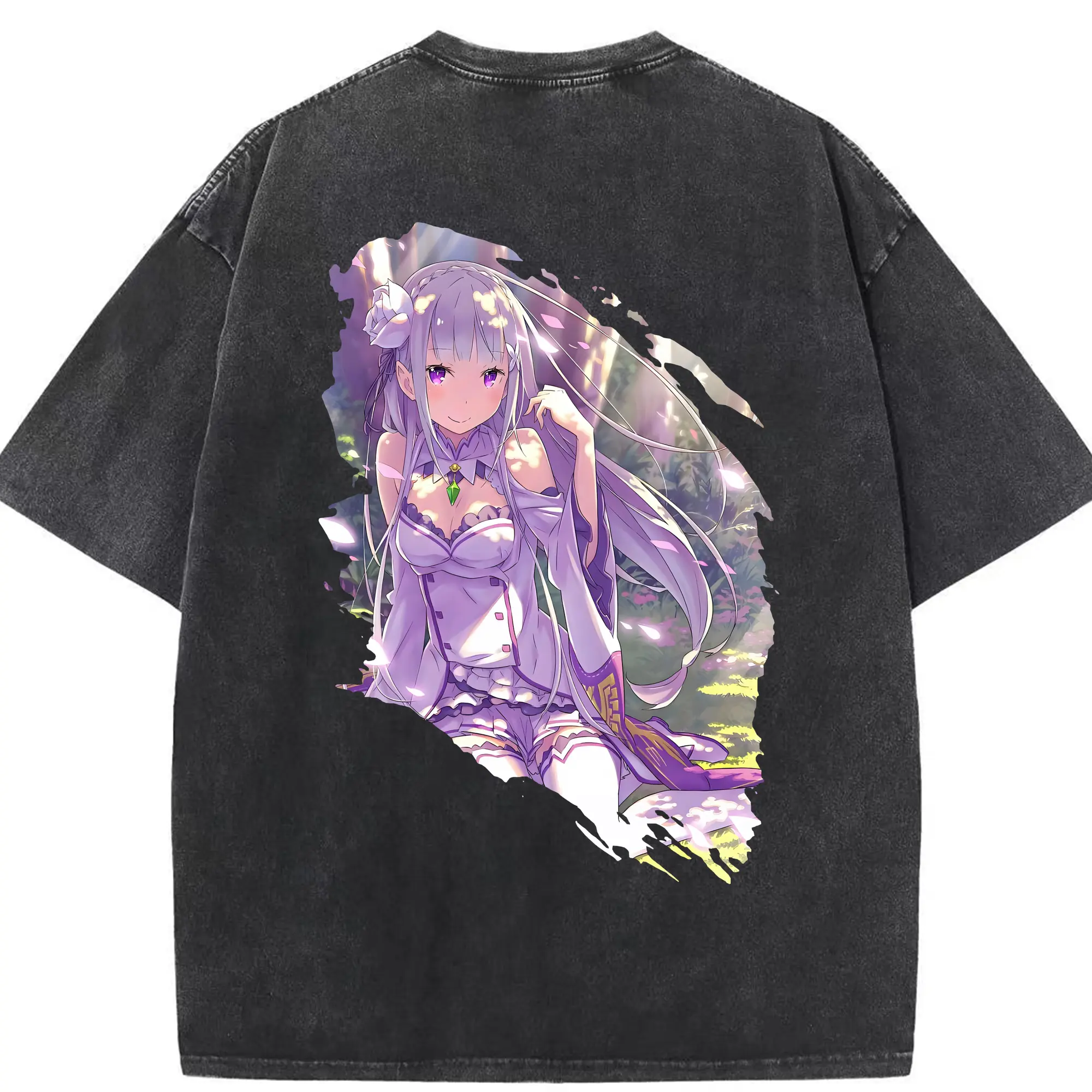 リゼロ グッズ エミリア - 綿100％ ヴィンテージ風 半袖Tシャツ ・ 背面プリント ・ 柔らか肌触り ・ 通気性 快適 ・ スポーツ カジュアル 外出用