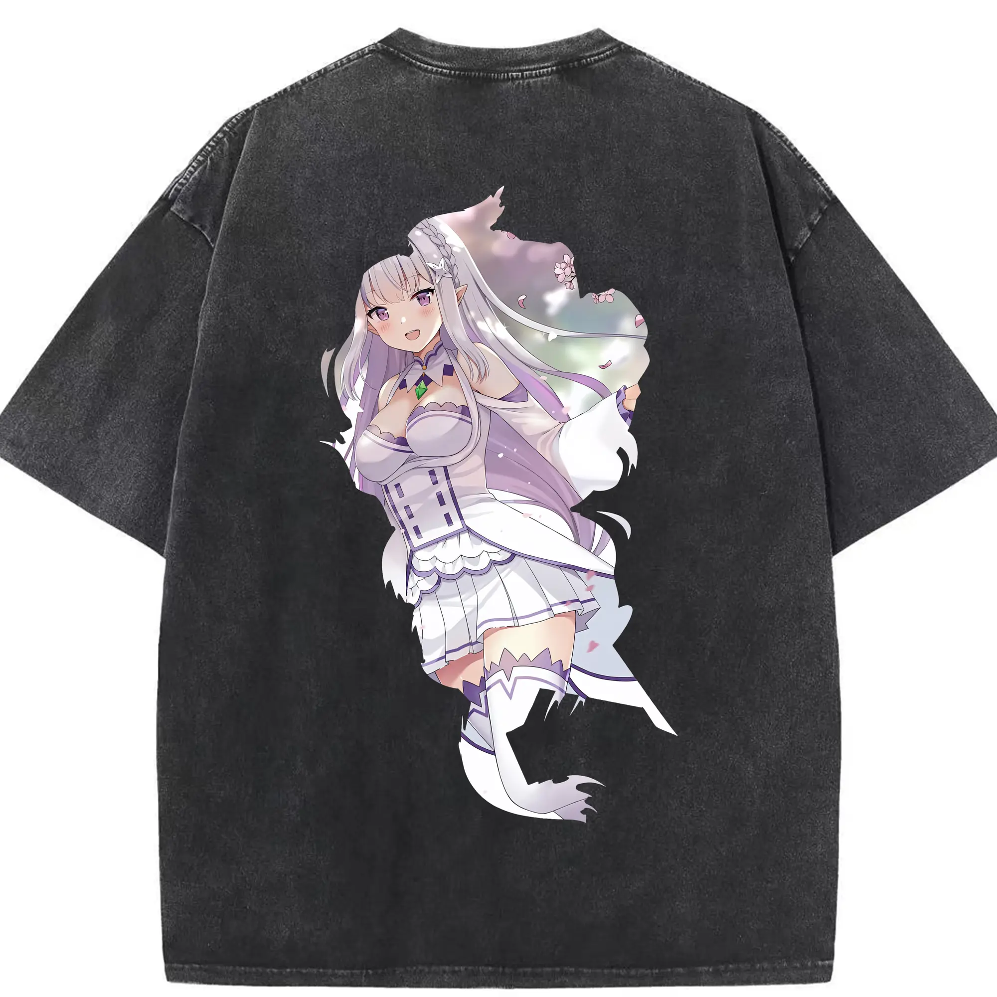 リゼロ グッズ エミリア - 綿100％ ヴィンテージ風 半袖Tシャツ ・ 背面プリント ・ 柔らか肌触り ・ 通気性 快適 ・ スポーツ カジュアル 外出用