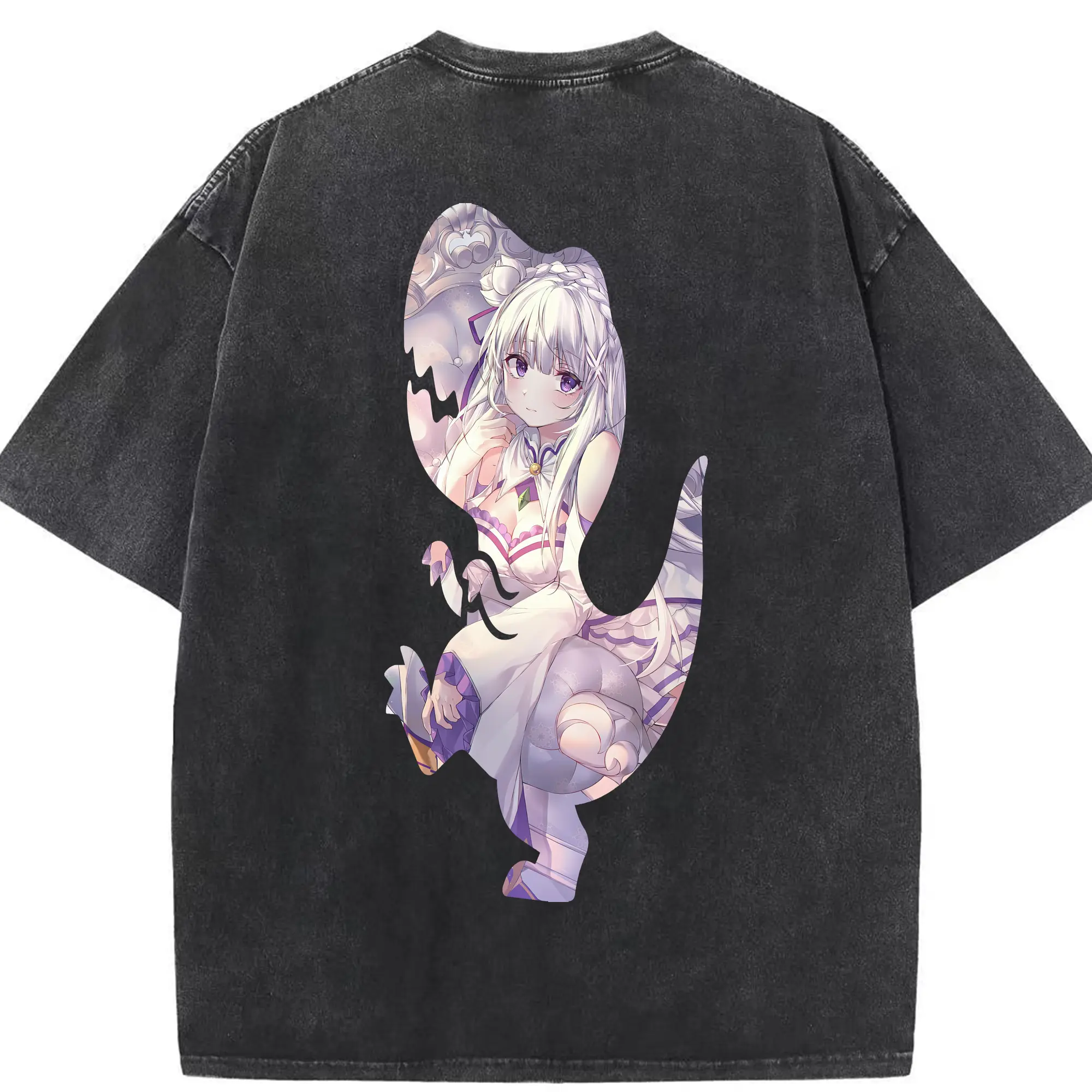 リゼロ グッズ エミリア - 綿100％ ヴィンテージ風 半袖Tシャツ ・ 背面プリント ・ 柔らか肌触り ・ 通気性 快適 ・ スポーツ カジュアル 外出用
