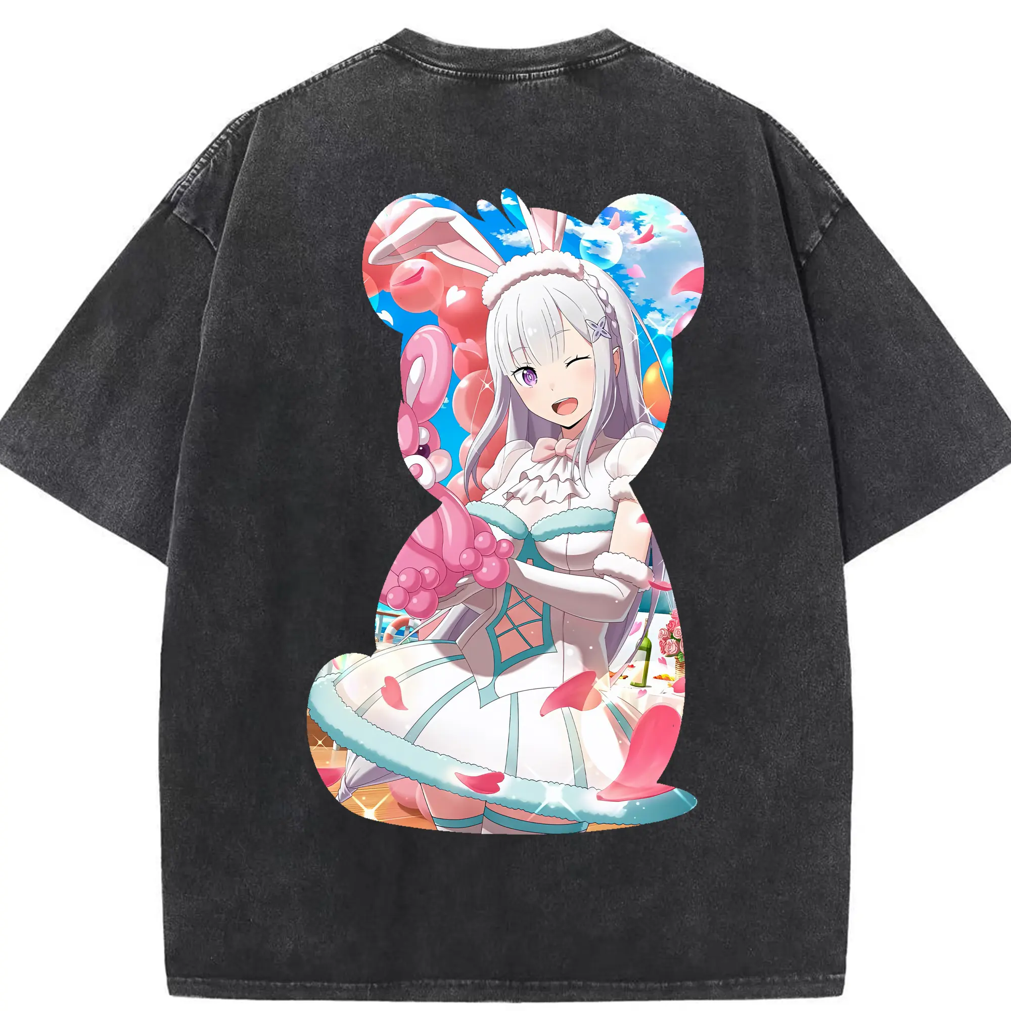 リゼロ グッズ エミリア - 綿100％ ヴィンテージ風 半袖Tシャツ ・ 背面プリント ・ 柔らか肌触り ・ 通気性 快適 ・ スポーツ カジュアル 外出用