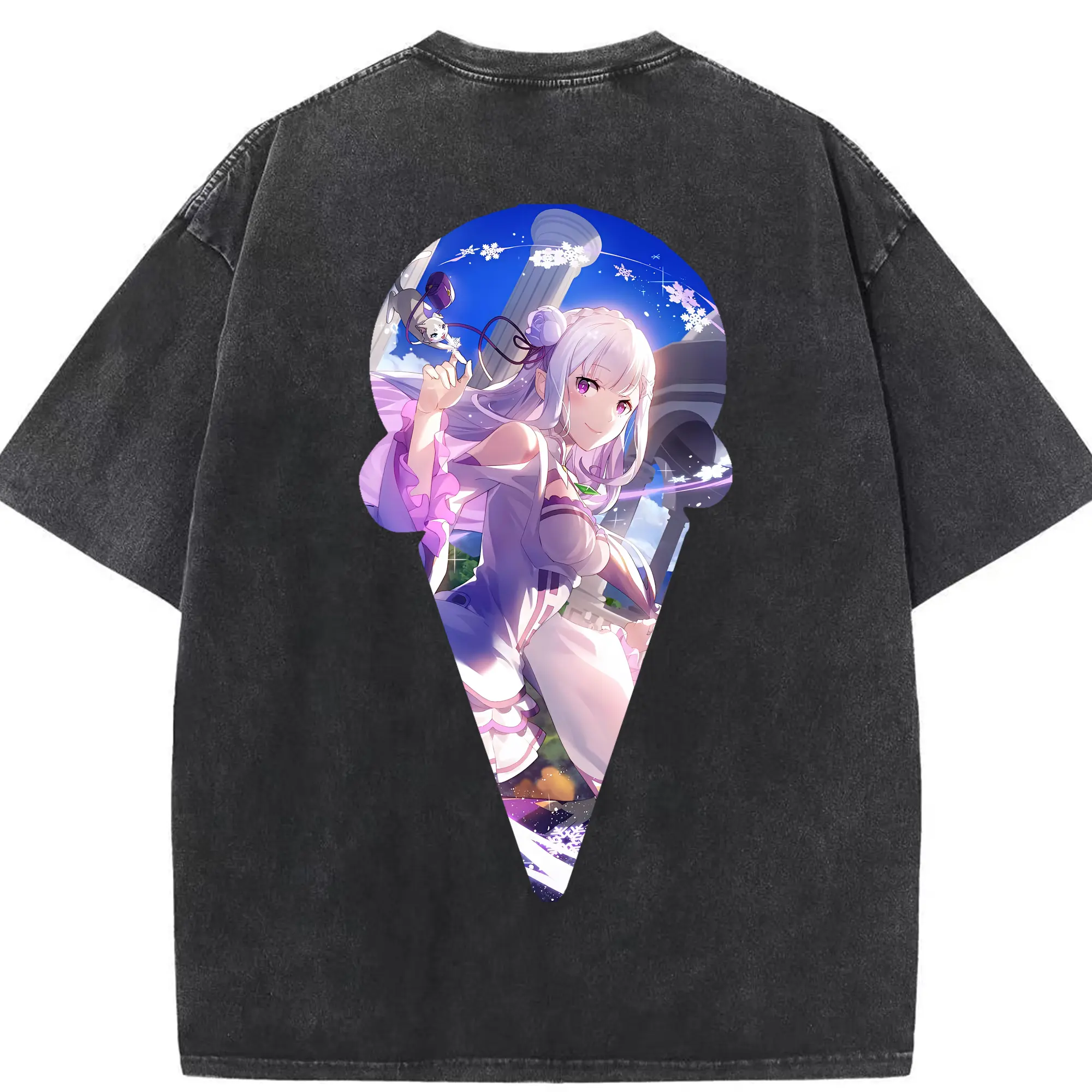 リゼロ グッズ エミリア - 綿100％ ヴィンテージ風 半袖Tシャツ ・ 背面プリント ・ 柔らか肌触り ・ 通気性 快適 ・ スポーツ カジュアル 外出用