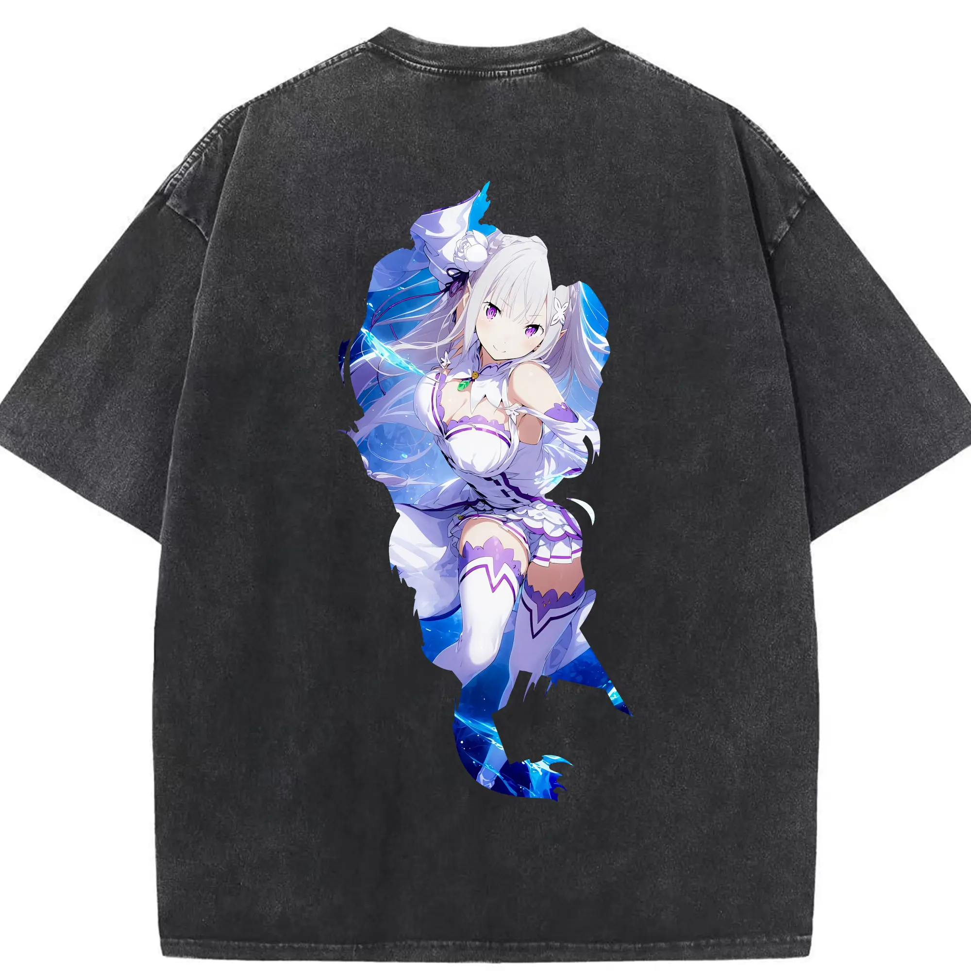 リゼロ グッズ エミリア - 綿100％ ヴィンテージ風 半袖Tシャツ ・ 背面プリント ・ 柔らか肌触り ・ 通気性 快適 ・ スポーツ カジュアル 外出用