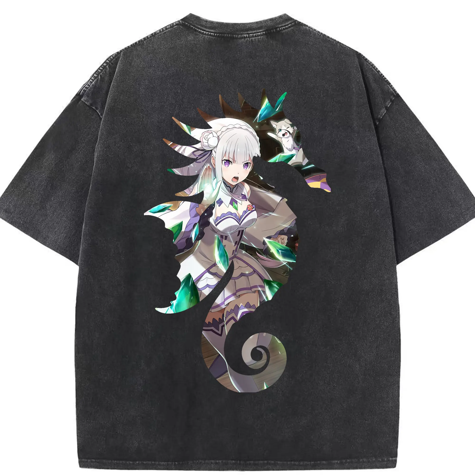 リゼロ グッズ エミリア - 綿100％ ヴィンテージ風 半袖Tシャツ ・ 背面プリント ・ 柔らか肌触り ・ 通気性 快適 ・ スポーツ カジュアル 外出用