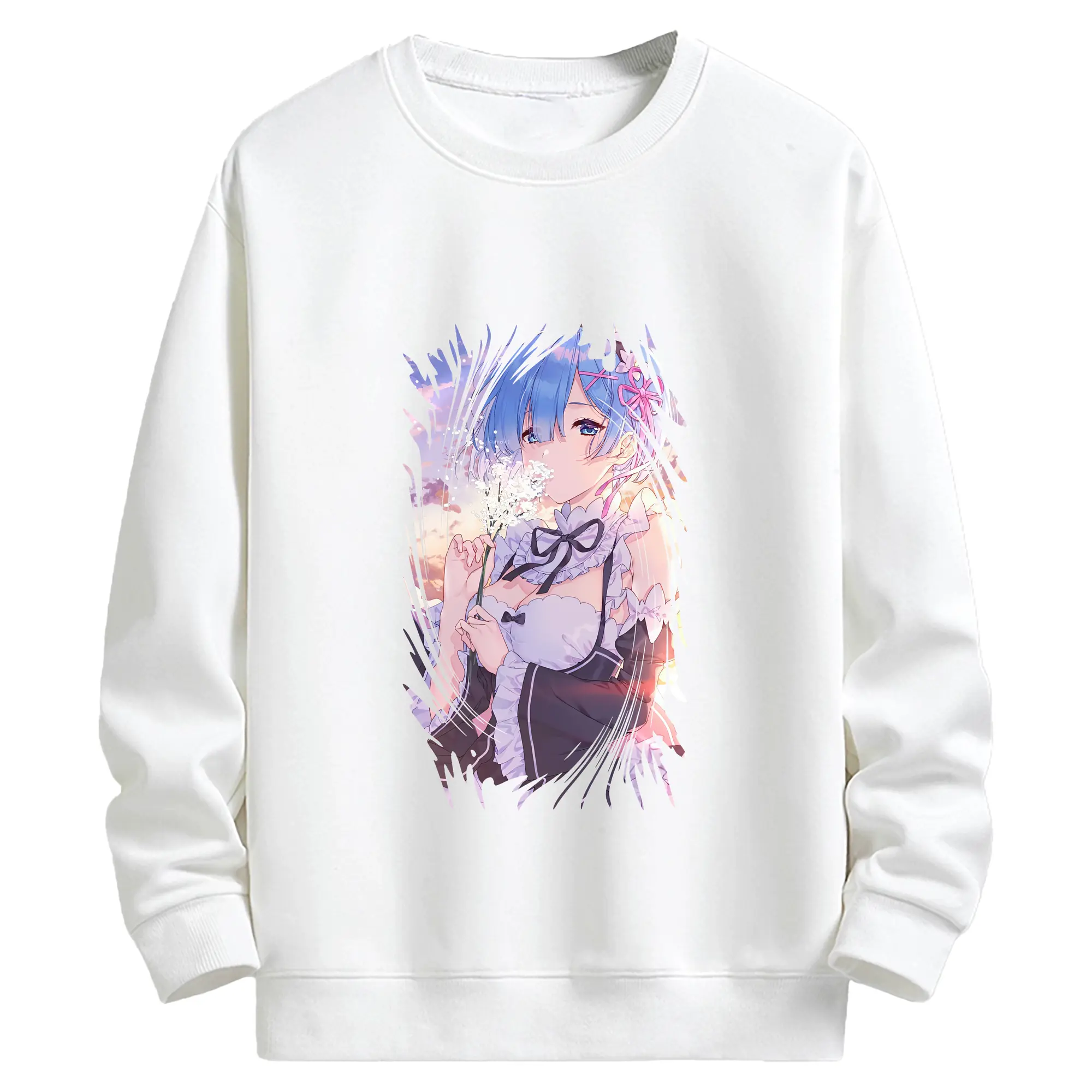 リゼロ グッズ レム - キッズ クルーネックスウェットシャツ ・ フロントプリント ・ 綿80％ ポリエステル20％ ・ 快適 通学 スポーツ 日常使い お散歩用