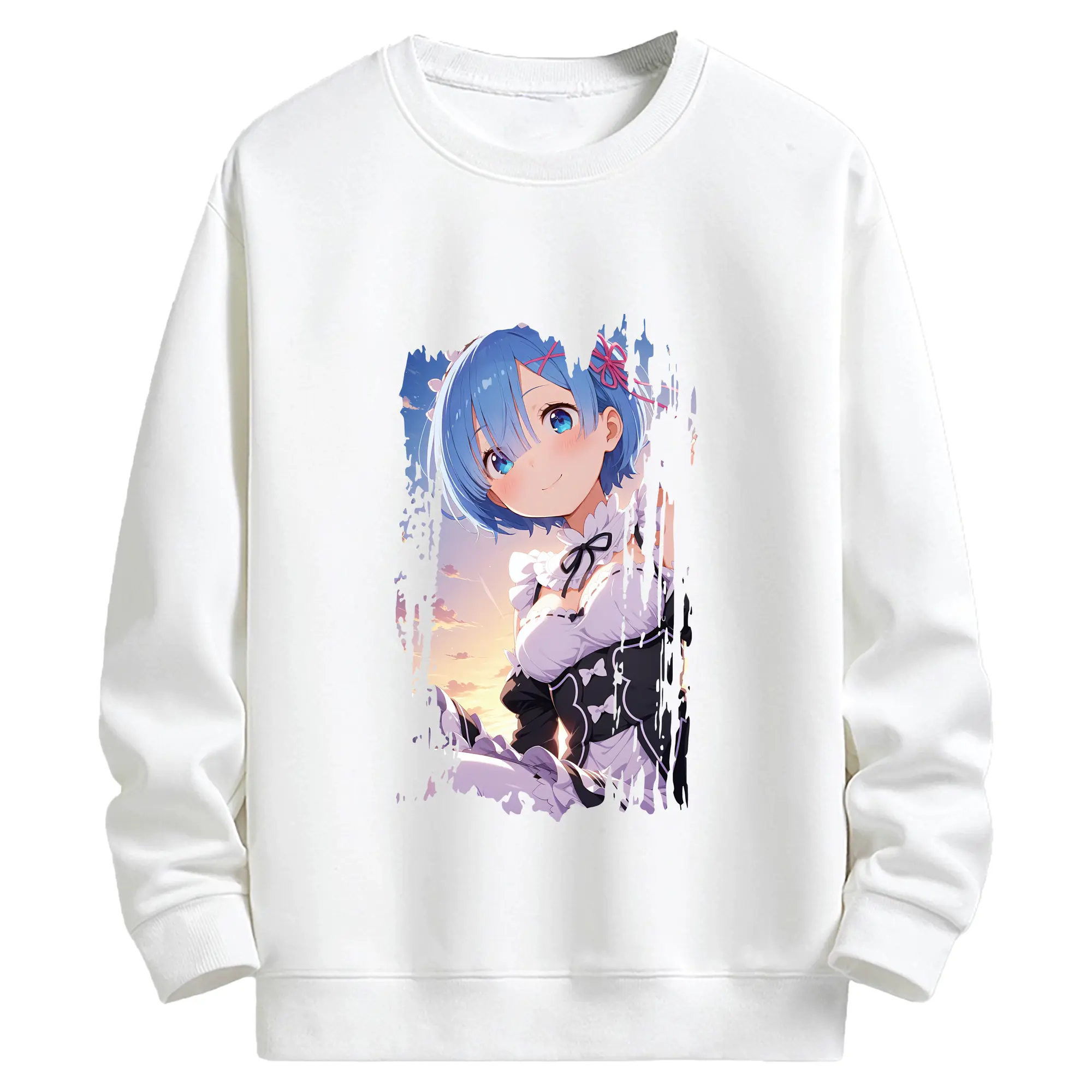 リゼロ グッズ レム - キッズ クルーネックスウェットシャツ ・ フロントプリント ・ 綿80％ ポリエステル20％ ・ 快適 通学 スポーツ 日常使い お散歩用