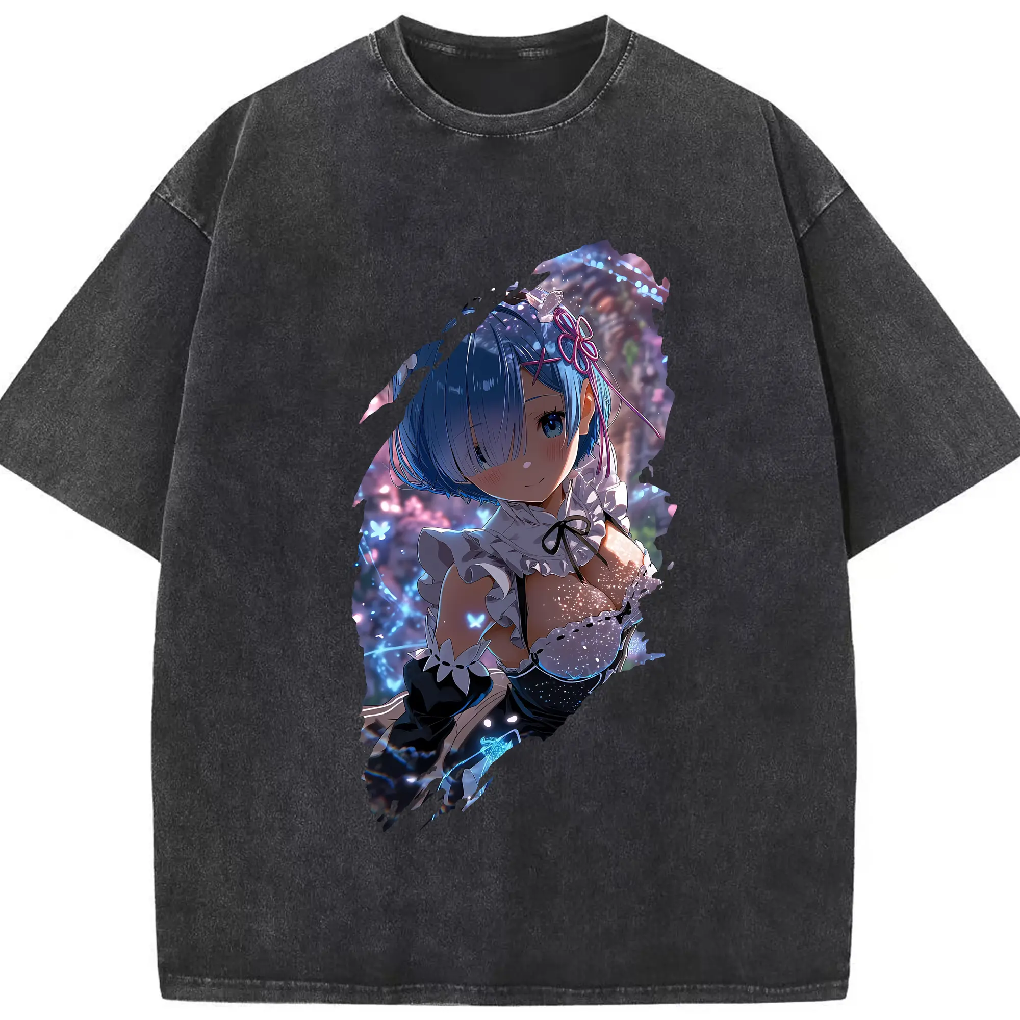 リゼロ グッズ レム - 綿100％ ヴィンテージ風 半袖Tシャツ ・ フロントプリント ・ 柔らか肌触り ・ 通気性 快適 ・ スポーツ カジュアル 外出用