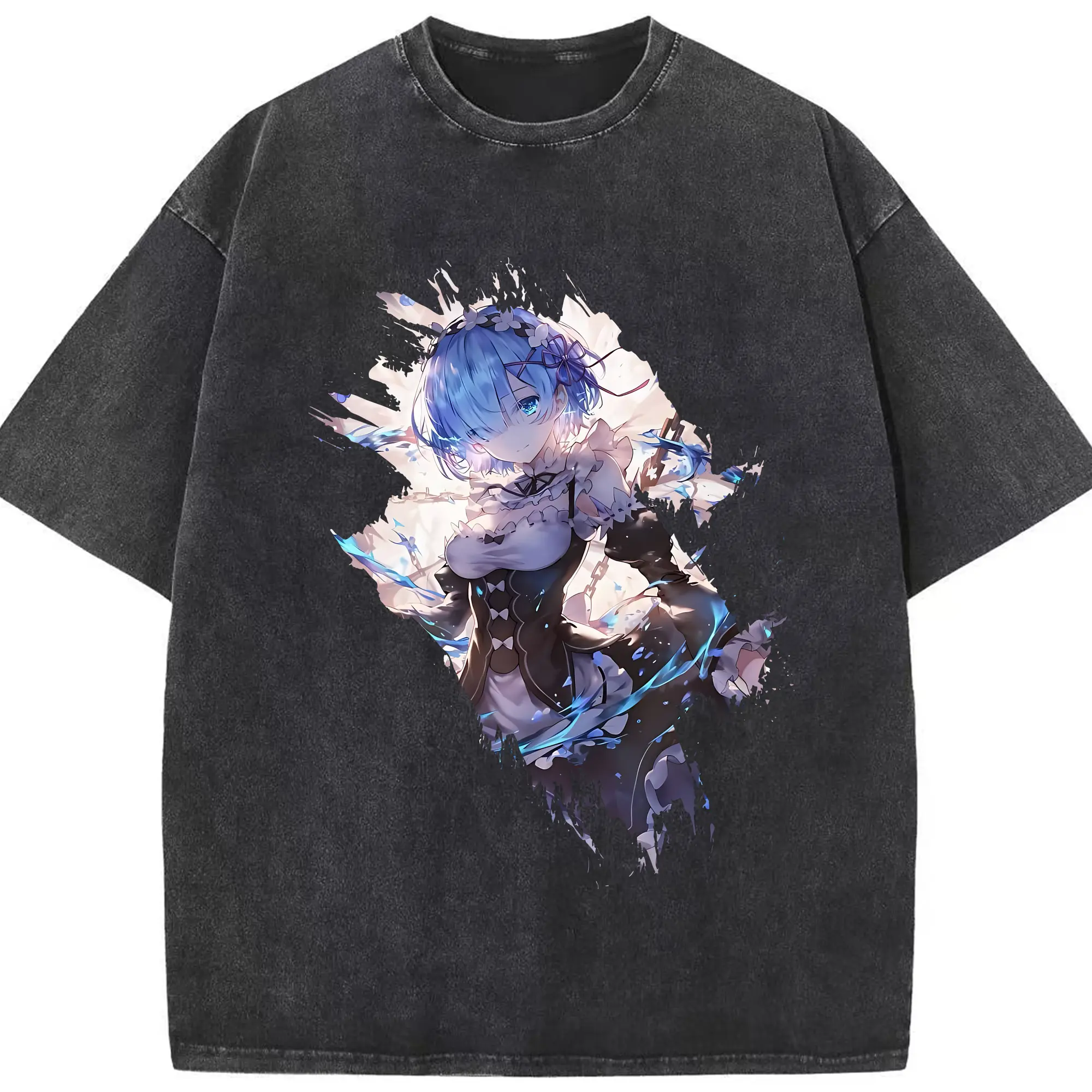 リゼロ グッズ レム - 綿100％ ヴィンテージ風 半袖Tシャツ ・ フロントプリント ・ 柔らか肌触り ・ 通気性 快適 ・ スポーツ カジュアル 外出用