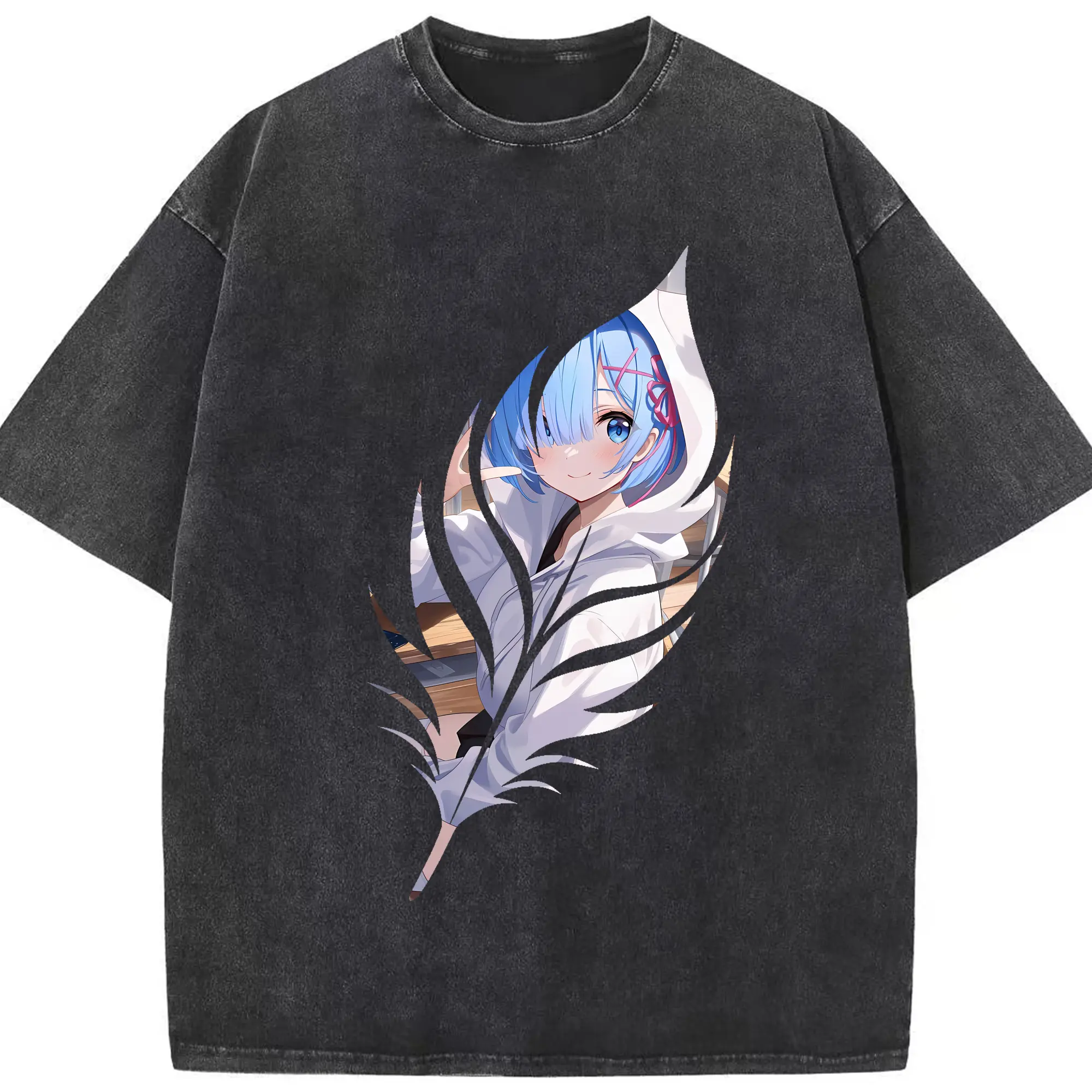 リゼロ グッズ レム - 綿100％ ヴィンテージ風 半袖Tシャツ ・ フロントプリント ・ 柔らか肌触り ・ 通気性 快適 ・ スポーツ カジュアル 外出用