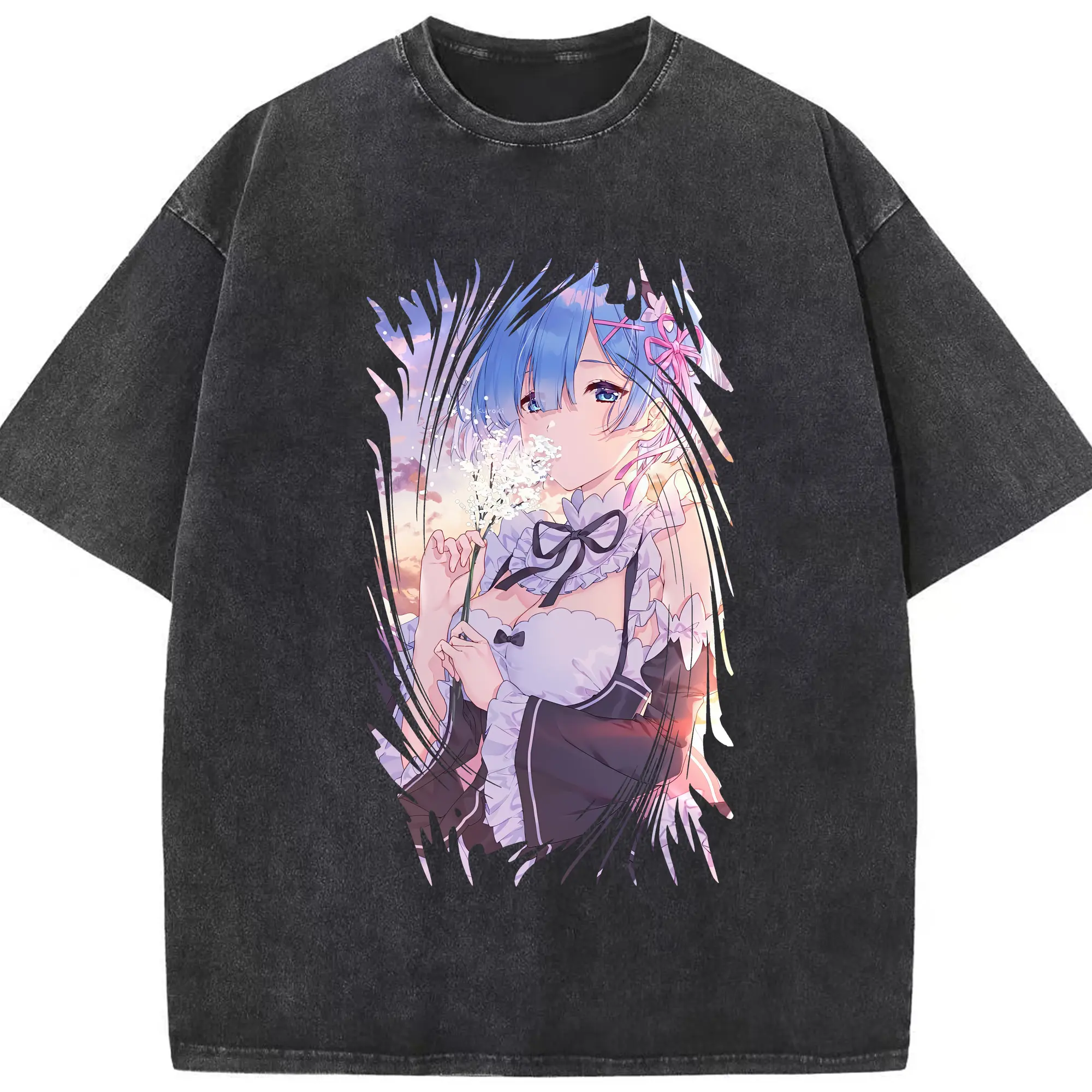 リゼロ グッズ レム - 綿100％ ヴィンテージ風 半袖Tシャツ ・ フロントプリント ・ 柔らか肌触り ・ 通気性 快適 ・ スポーツ カジュアル 外出用