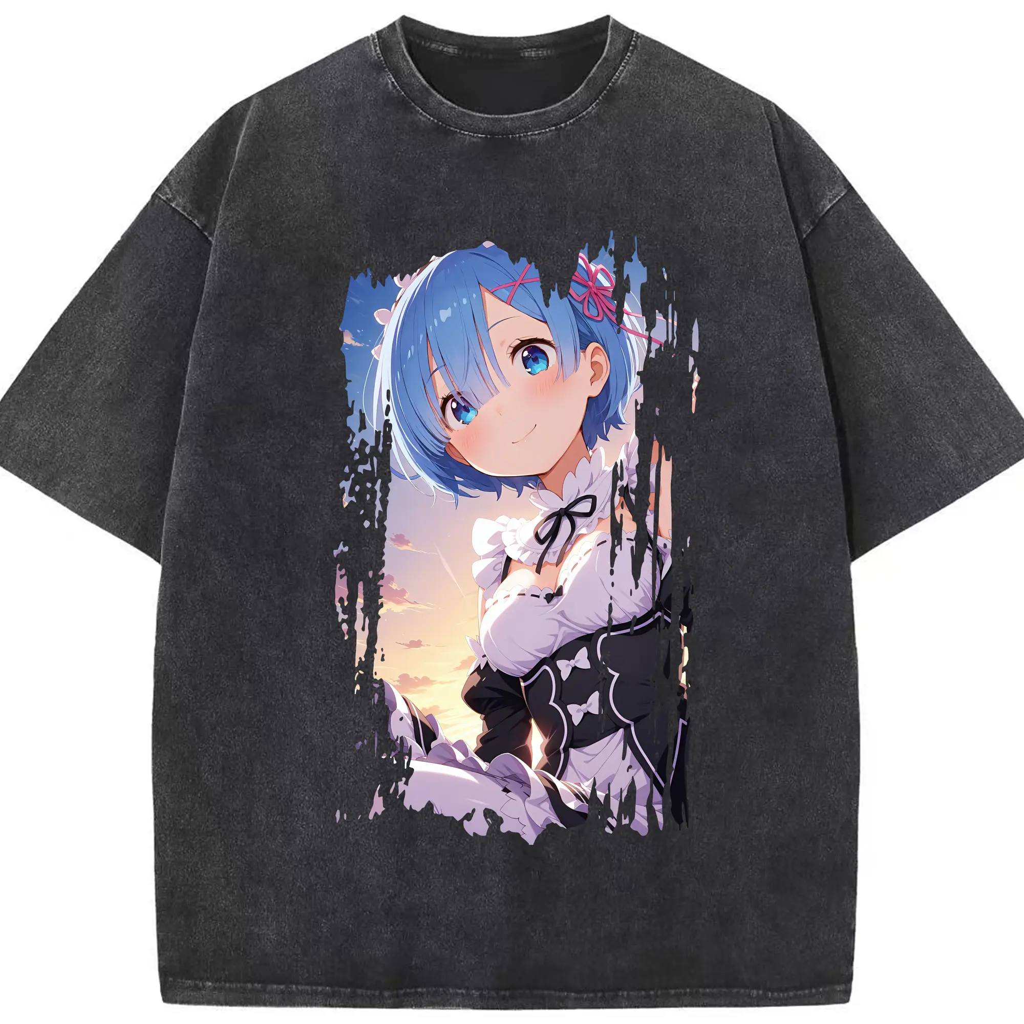リゼロ グッズ レム - 綿100％ ヴィンテージ風 半袖Tシャツ ・ フロントプリント ・ 柔らか肌触り ・ 通気性 快適 ・ スポーツ カジュアル 外出用