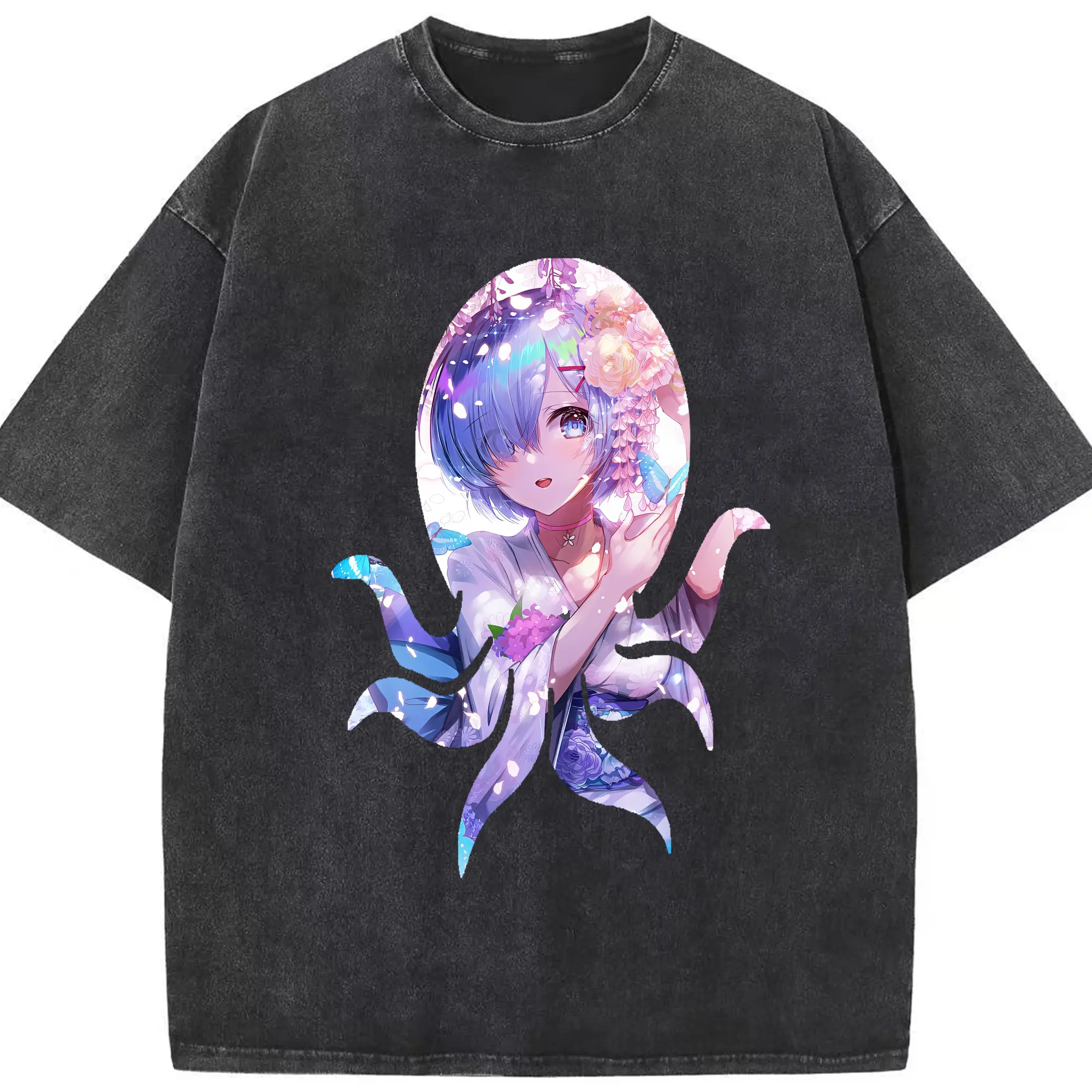 リゼロ グッズ レム - 綿100％ ヴィンテージ風 半袖Tシャツ ・ フロントプリント ・ 柔らか肌触り ・ 通気性 快適 ・ スポーツ カジュアル 外出用