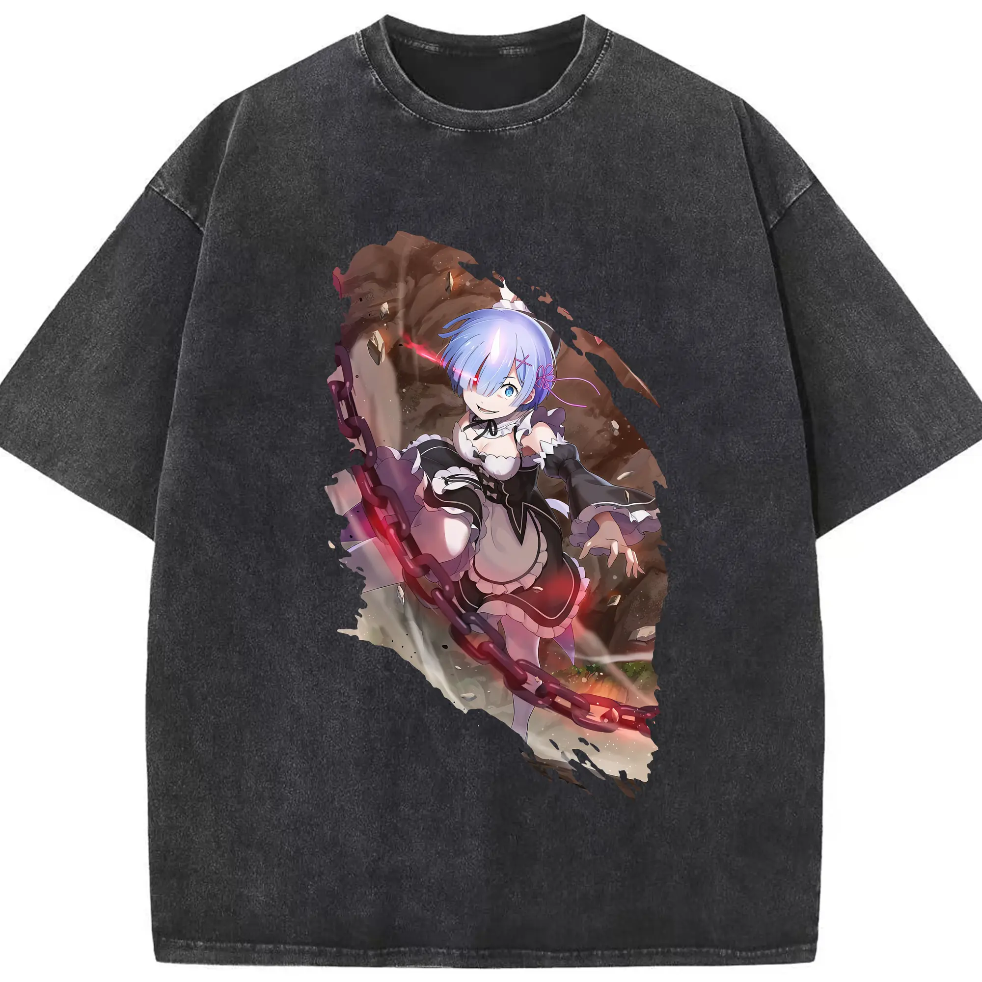 リゼロ グッズ レム - 綿100％ ヴィンテージ風 半袖Tシャツ ・ フロントプリント ・ 柔らか肌触り ・ 通気性 快適 ・ スポーツ カジュアル 外出用