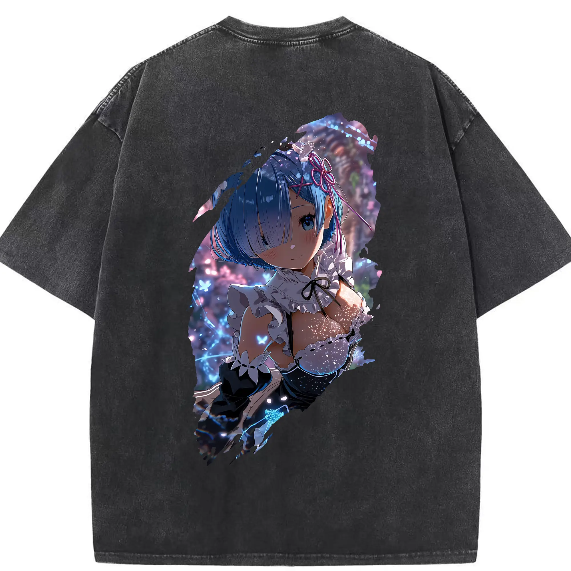 リゼロ グッズ レム - 綿100％ ヴィンテージ風 半袖Tシャツ ・ 背面プリント ・ 柔らか肌触り ・ 通気性 快適 ・ スポーツ カジュアル 外出用