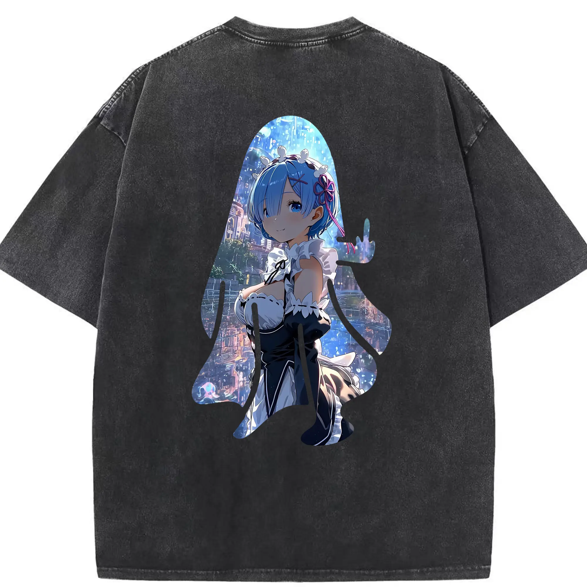 リゼロ グッズ レム - 綿100％ ヴィンテージ風 半袖Tシャツ ・ 背面プリント ・ 柔らか肌触り ・ 通気性 快適 ・ スポーツ カジュアル 外出用