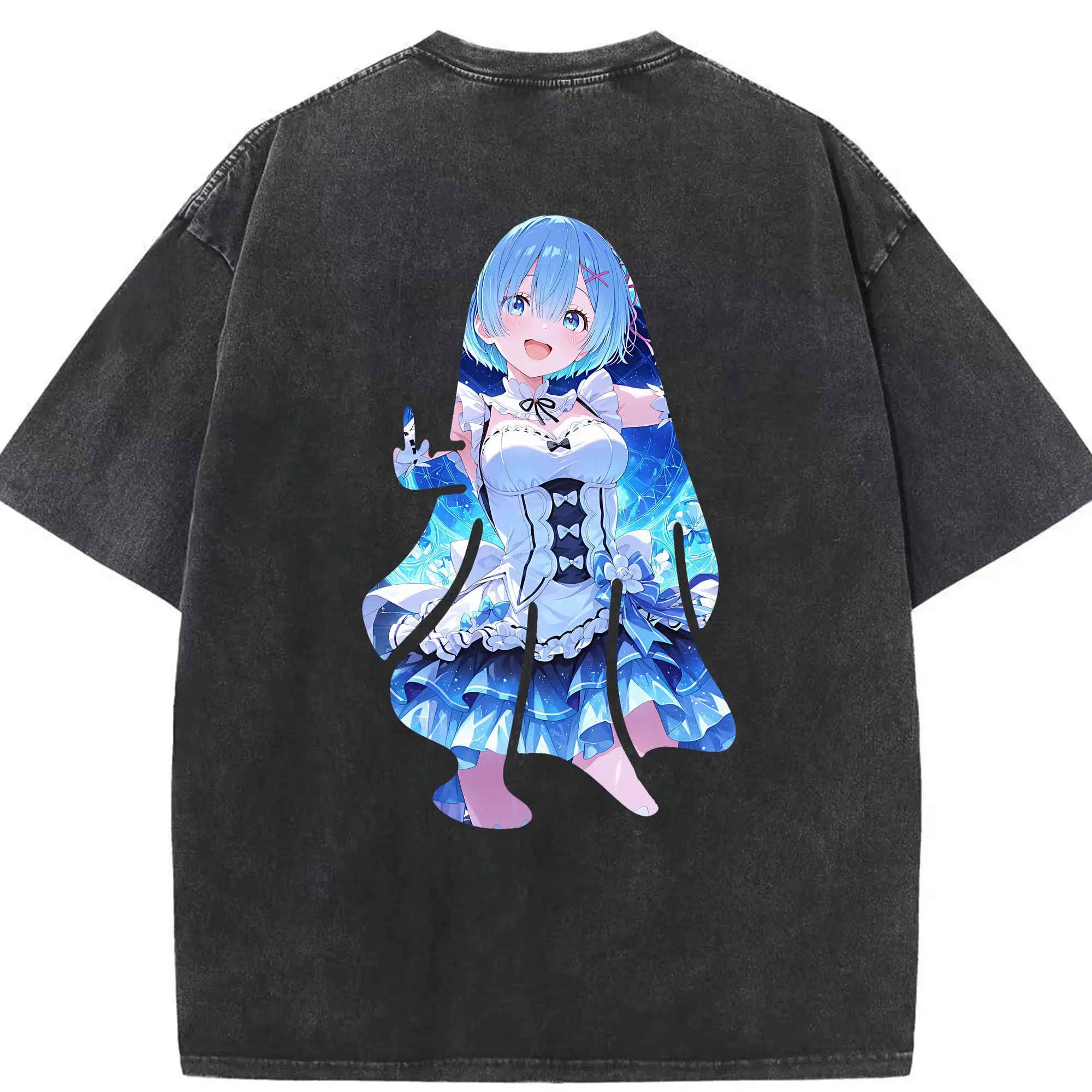リゼロ グッズ レム - 綿100％ ヴィンテージ風 半袖Tシャツ ・ 背面プリント ・ 柔らか肌触り ・ 通気性 快適 ・ スポーツ カジュアル 外出用