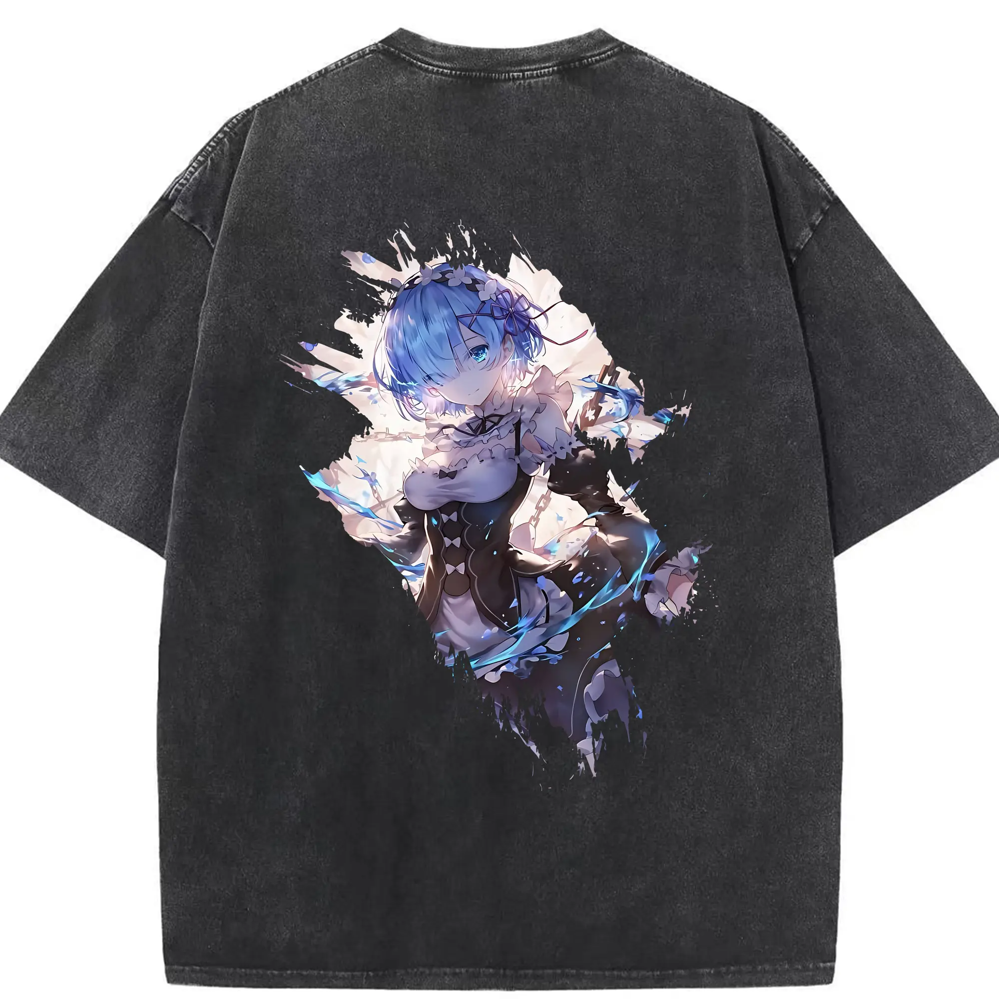 リゼロ グッズ レム - 綿100％ ヴィンテージ風 半袖Tシャツ ・ 背面プリント ・ 柔らか肌触り ・ 通気性 快適 ・ スポーツ カジュアル 外出用