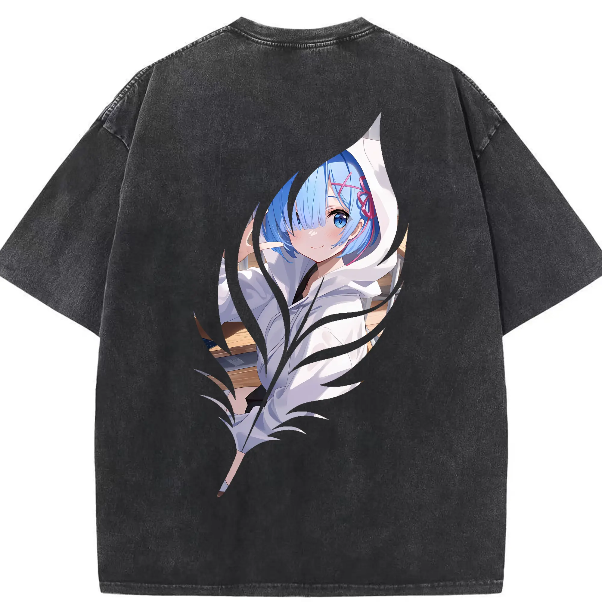 リゼロ グッズ レム - 綿100％ ヴィンテージ風 半袖Tシャツ ・ 背面プリント ・ 柔らか肌触り ・ 通気性 快適 ・ スポーツ カジュアル 外出用