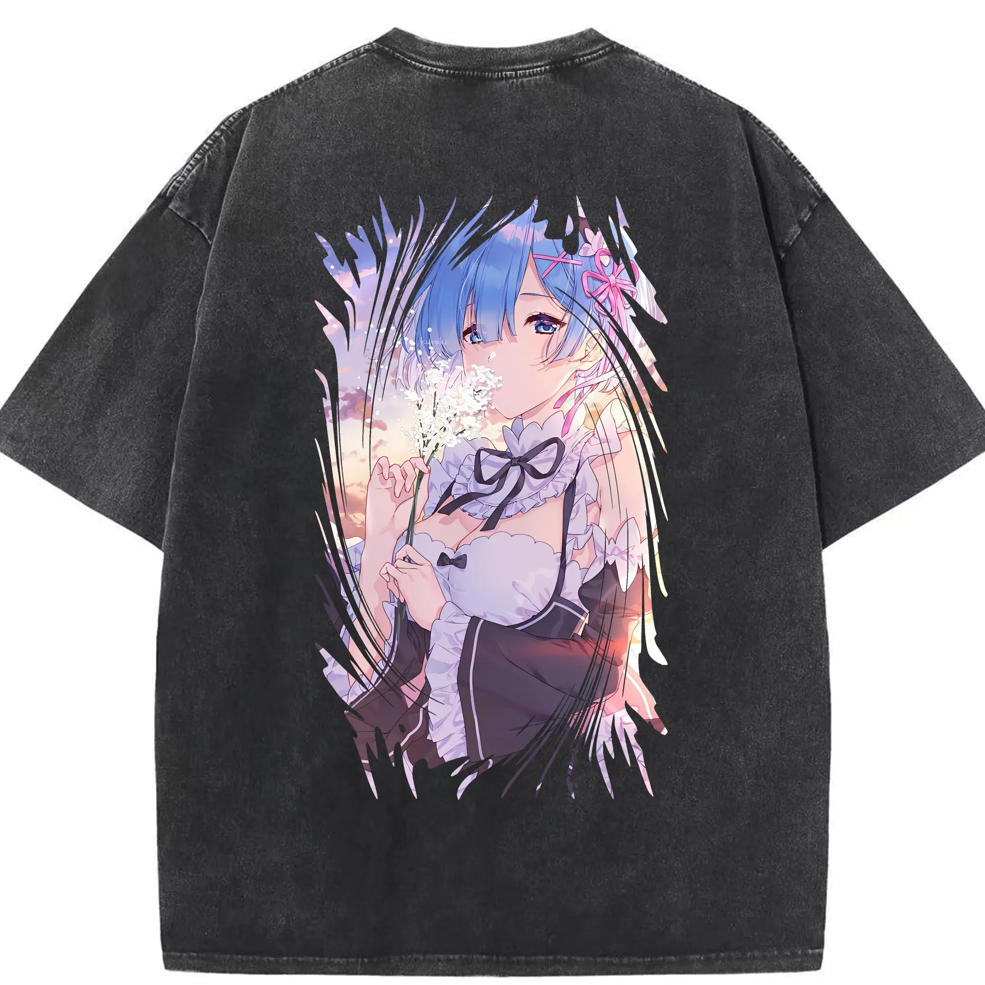 リゼロ グッズ レム - 綿100％ ヴィンテージ風 半袖Tシャツ ・ 背面プリント ・ 柔らか肌触り ・ 通気性 快適 ・ スポーツ カジュアル 外出用