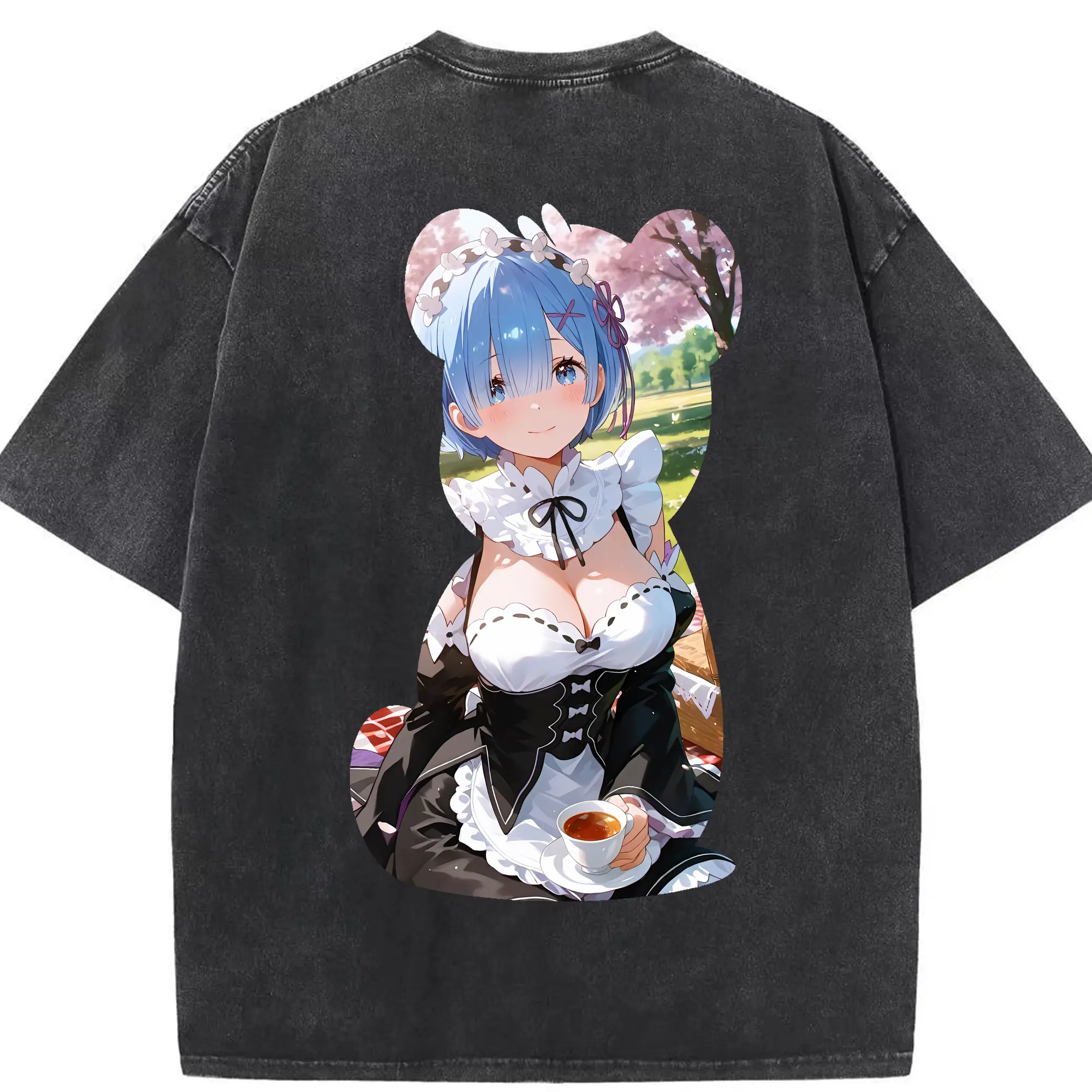 リゼロ グッズ レム - 綿100％ ヴィンテージ風 半袖Tシャツ ・ 背面プリント ・ 柔らか肌触り ・ 通気性 快適 ・ スポーツ カジュアル 外出用