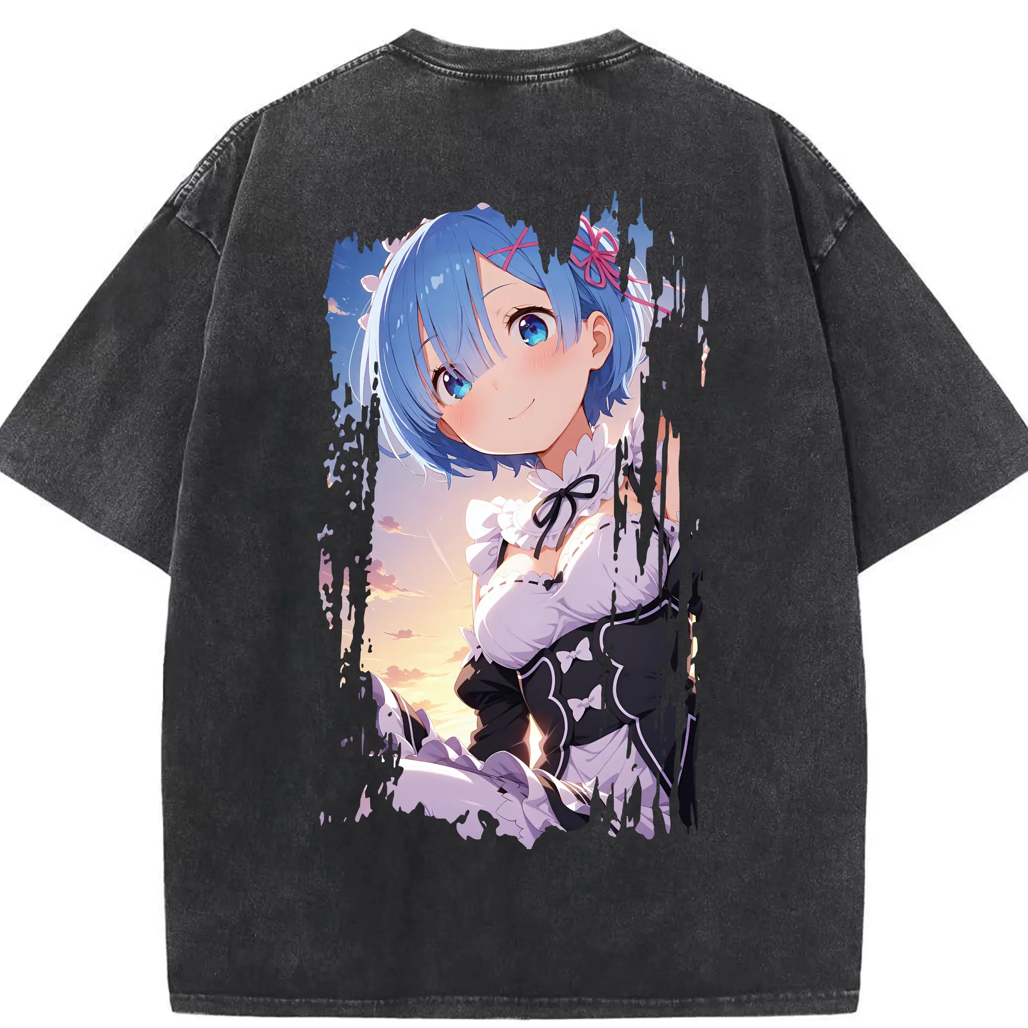 リゼロ グッズ レム - 綿100％ ヴィンテージ風 半袖Tシャツ ・ 背面プリント ・ 柔らか肌触り ・ 通気性 快適 ・ スポーツ カジュアル 外出用