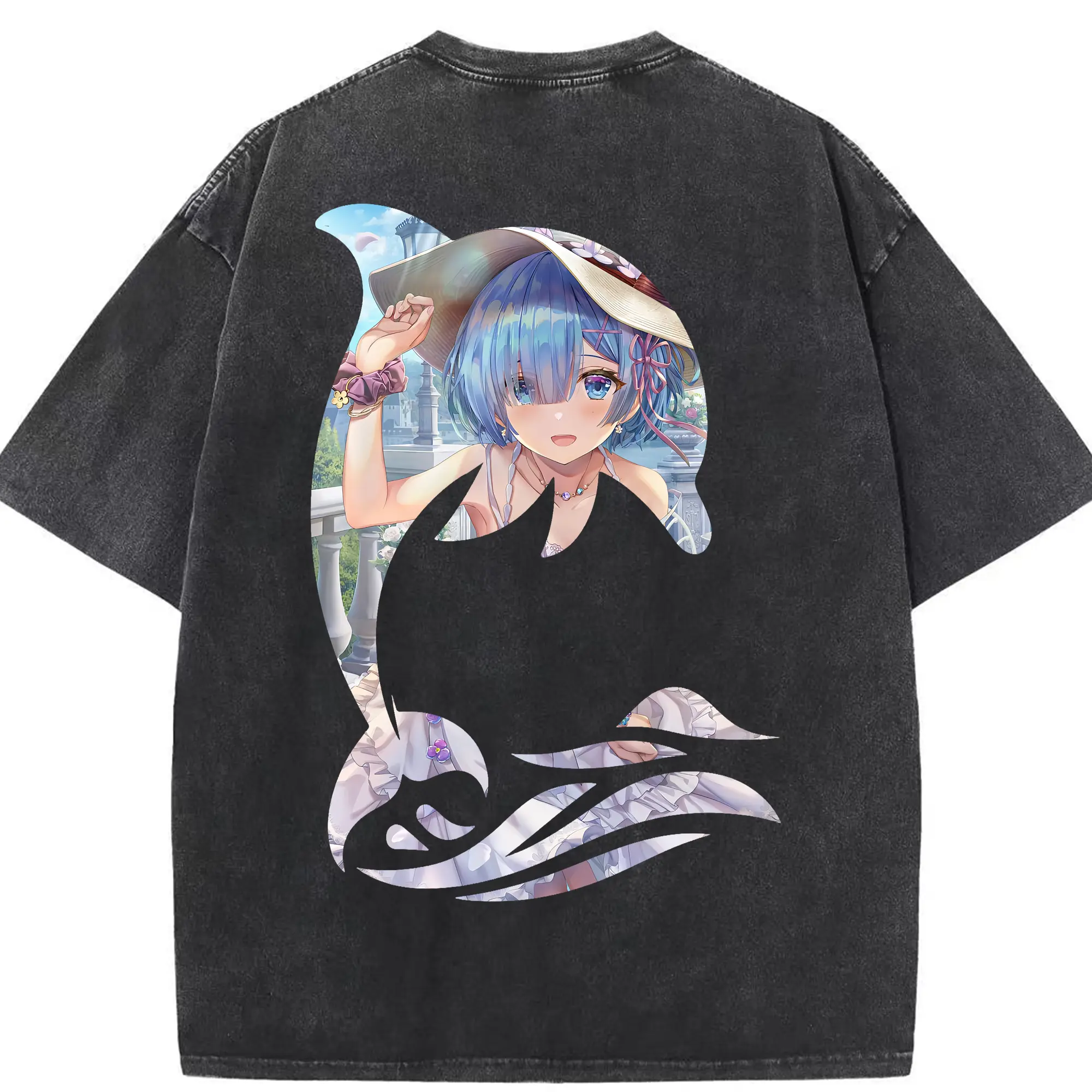 リゼロ グッズ レム - 綿100％ ヴィンテージ風 半袖Tシャツ ・ 背面プリント ・ 柔らか肌触り ・ 通気性 快適 ・ スポーツ カジュアル 外出用