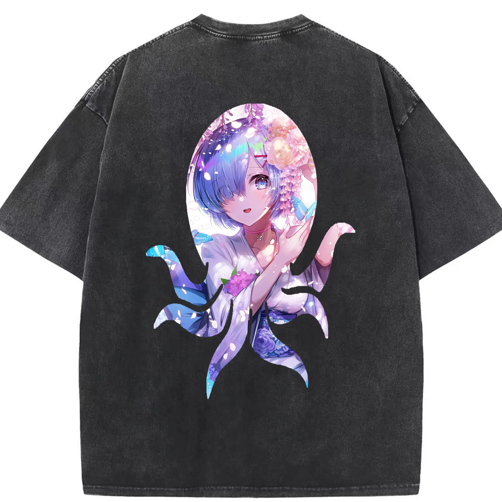 リゼロ グッズ レム - 綿100％ ヴィンテージ風 半袖Tシャツ ・ 背面プリント ・ 柔らか肌触り ・ 通気性 快適 ・ スポーツ カジュアル 外出用