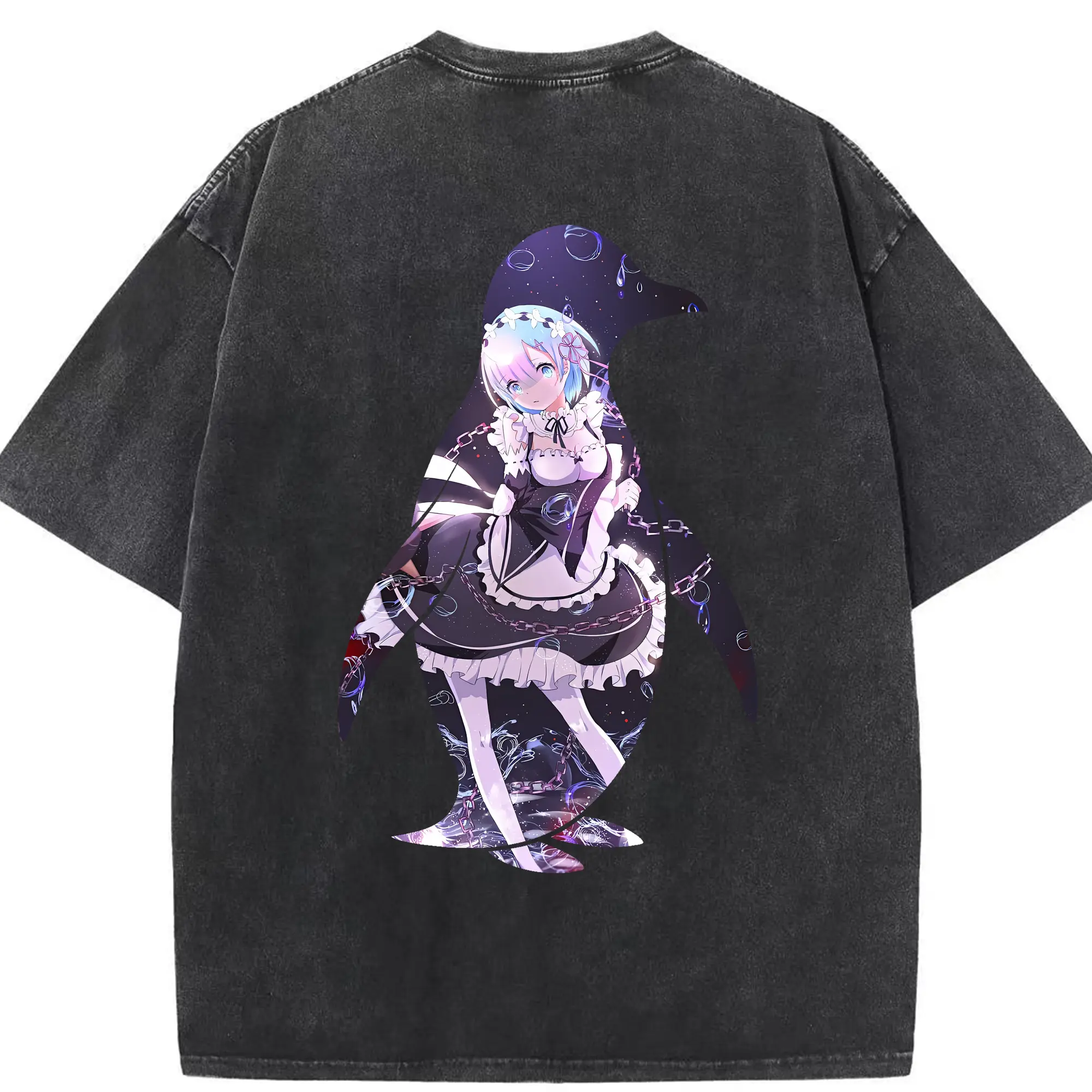 リゼロ グッズ レム - 綿100％ ヴィンテージ風 半袖Tシャツ ・ 背面プリント ・ 柔らか肌触り ・ 通気性 快適 ・ スポーツ カジュアル 外出用