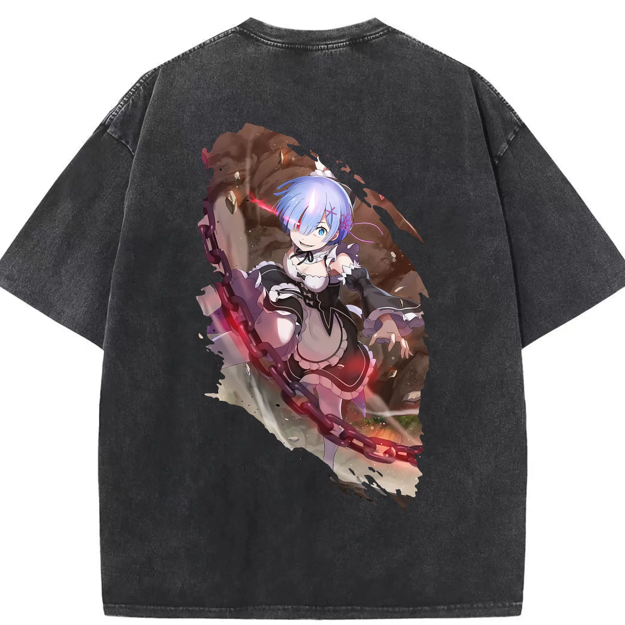 リゼロ グッズ レム - 綿100％ ヴィンテージ風 半袖Tシャツ ・ 背面プリント ・ 柔らか肌触り ・ 通気性 快適 ・ スポーツ カジュアル 外出用