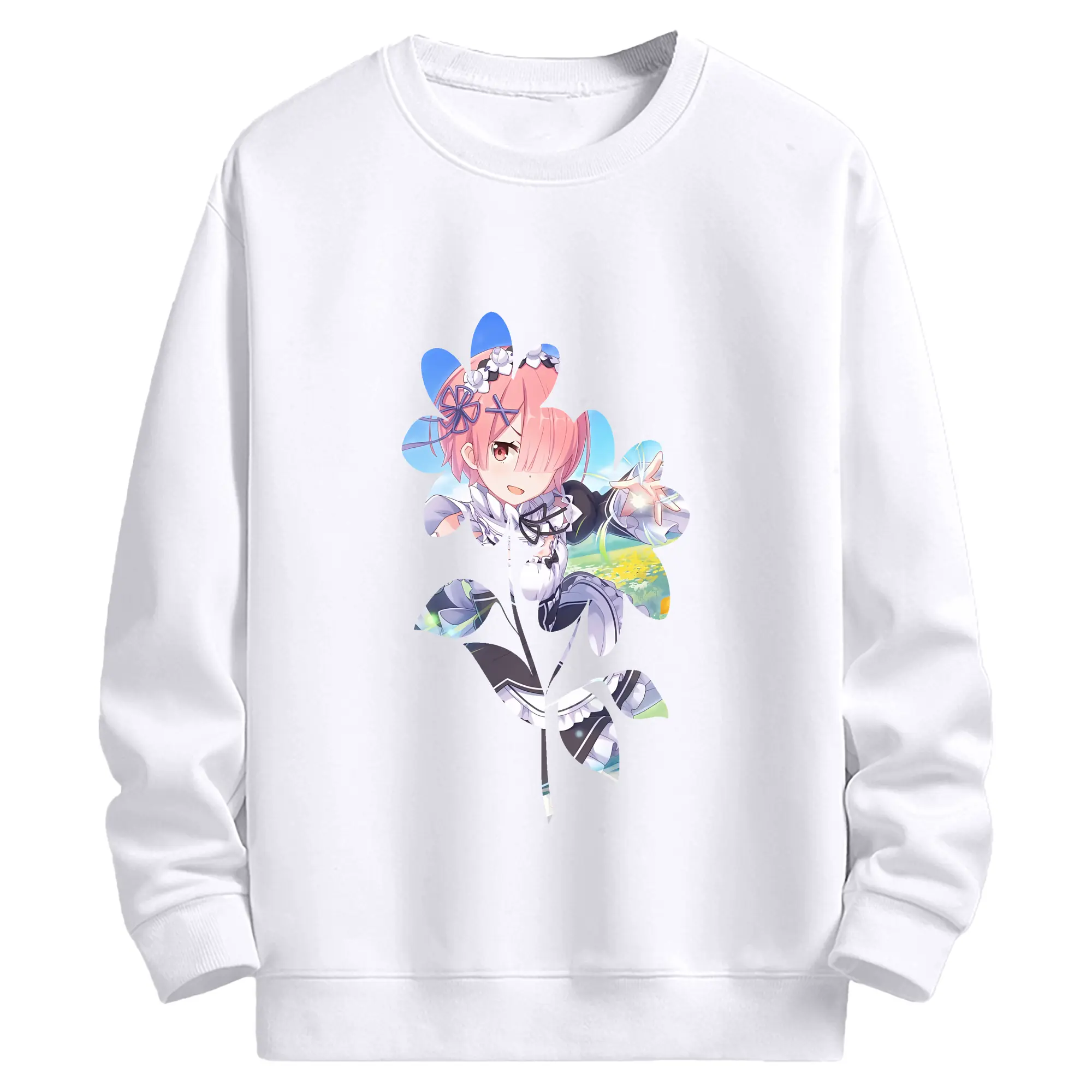 リゼロ グッズ ラム - 高品質 クルーネック スウェット ・ コットン59％ ポリエステル41％ ・ ユニセックス 長袖 トレーナー ・ カジュアル デイリー スポーツ 散歩用