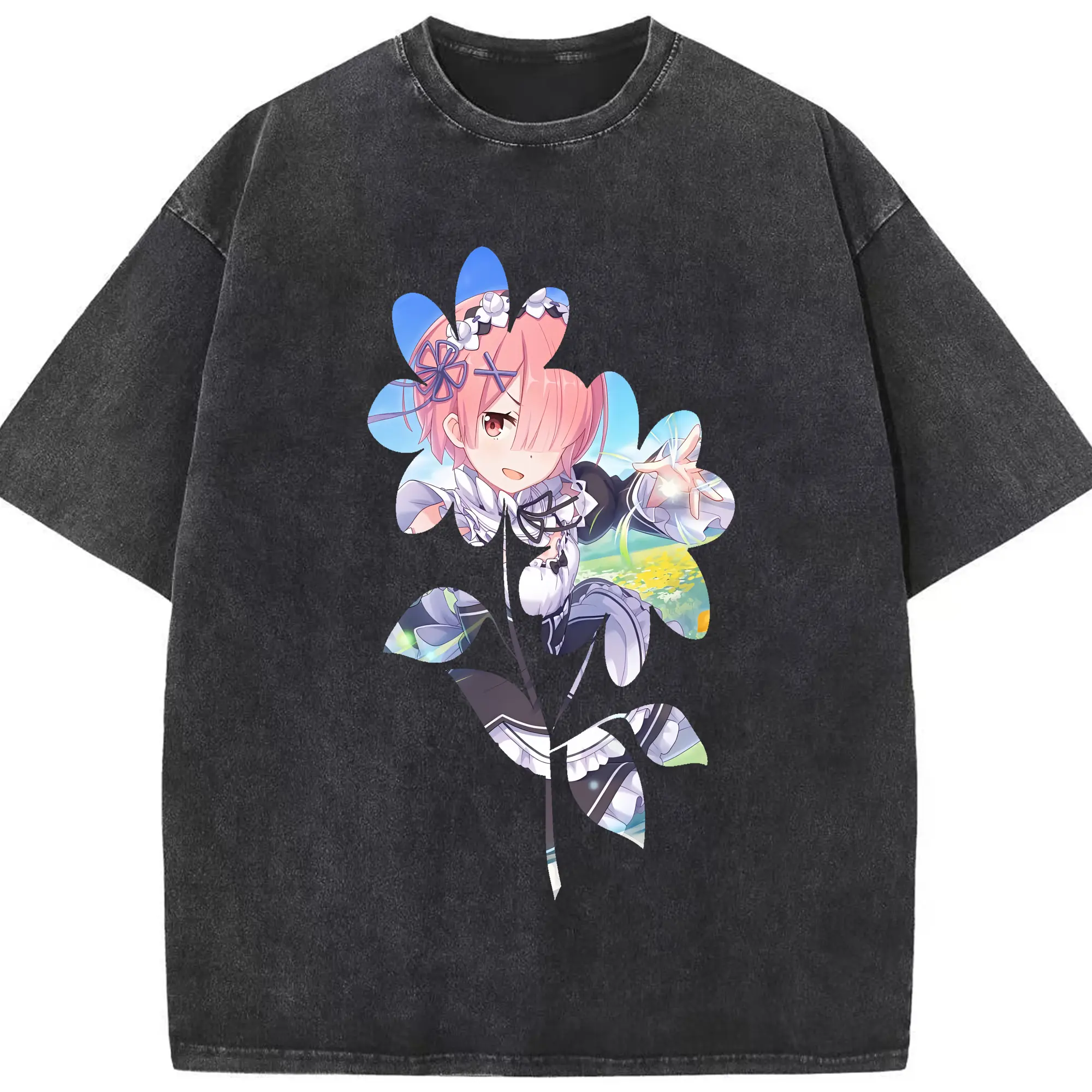 リゼロ グッズ ラム - 綿100％ ヴィンテージ風 半袖Tシャツ ・ フロントプリント ・ 柔らか肌触り ・ 通気性 快適 ・ スポーツ カジュアル 外出用