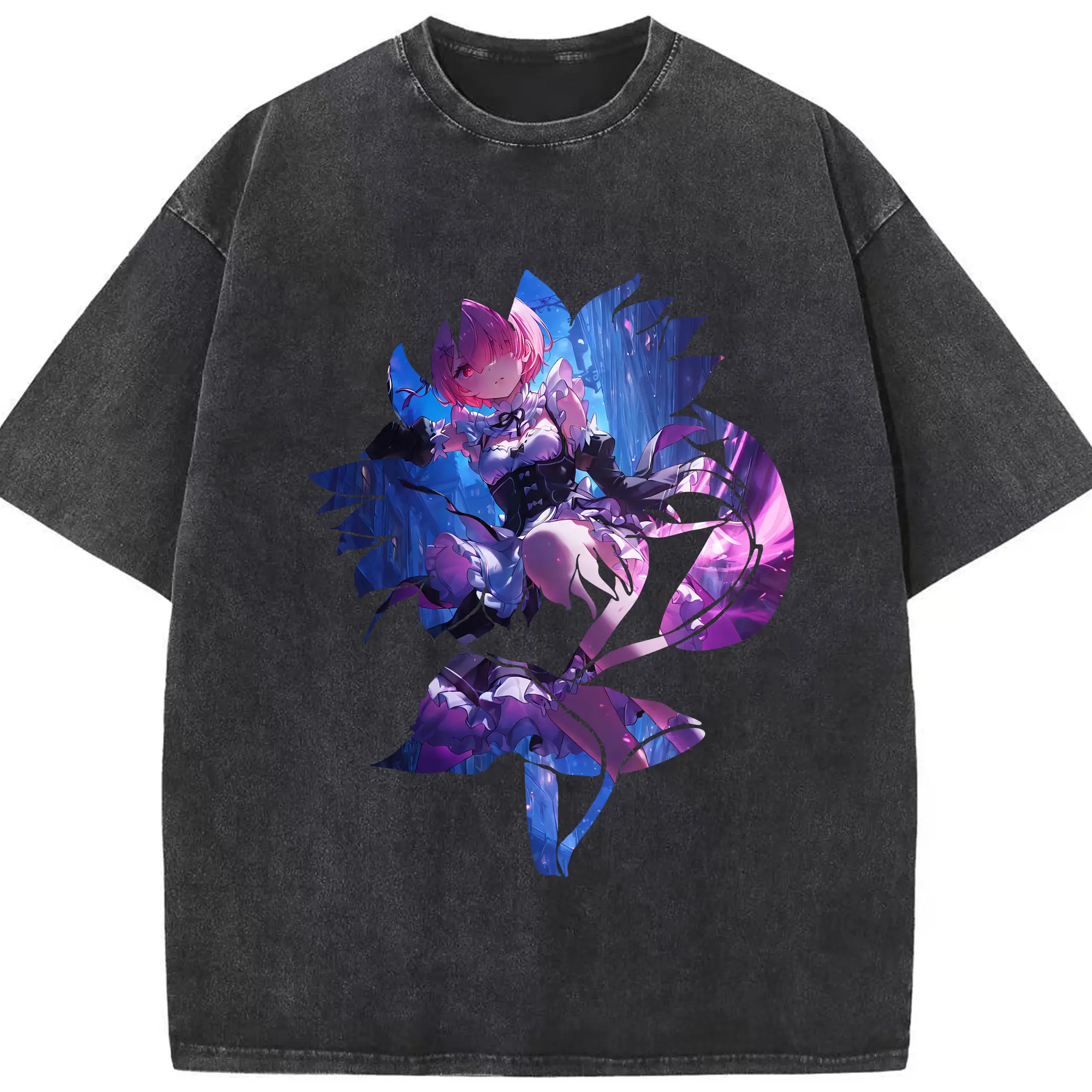 リゼロ グッズ ラム - 綿100％ ヴィンテージ風 半袖Tシャツ ・ フロントプリント ・ 柔らか肌触り ・ 通気性 快適 ・ スポーツ カジュアル 外出用