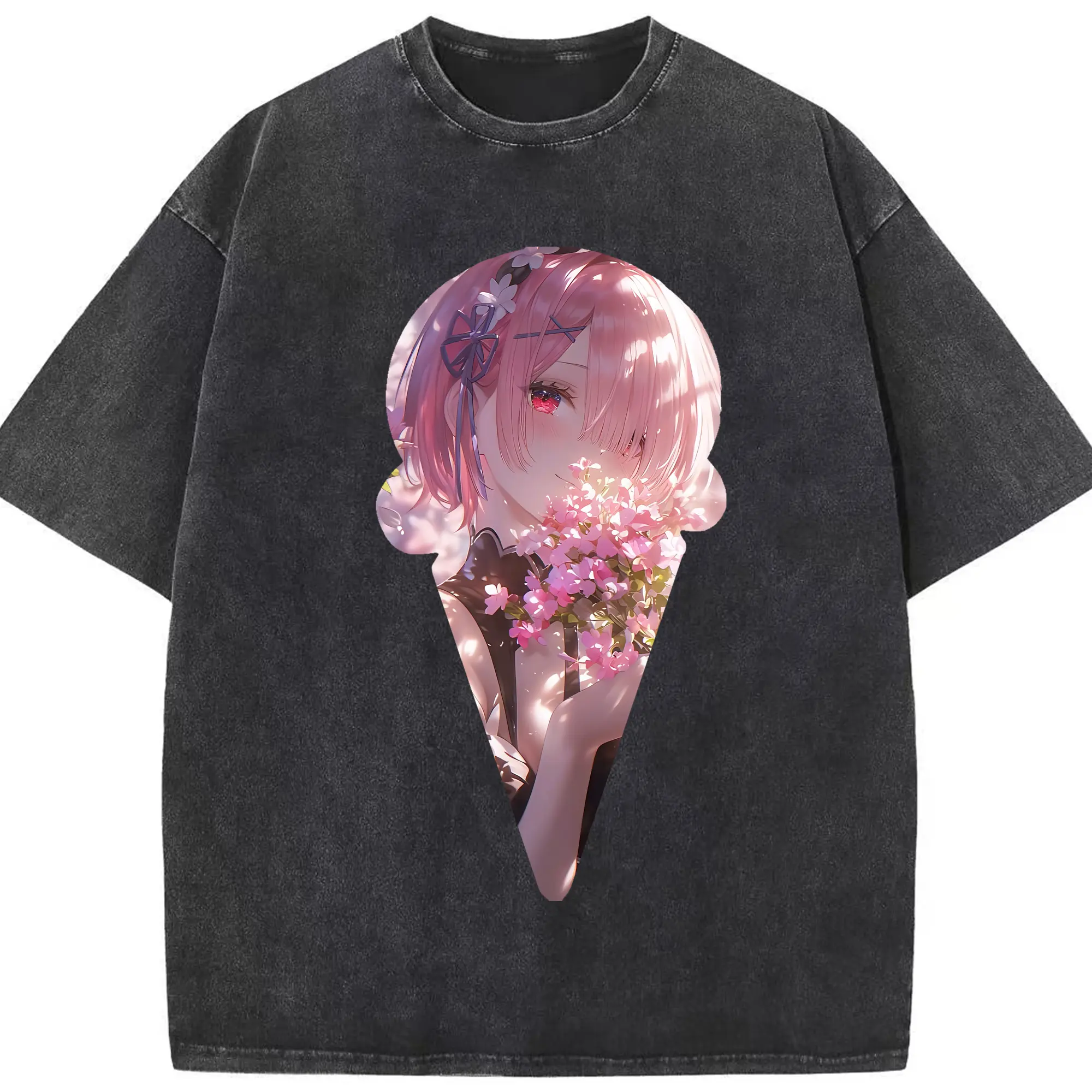 リゼロ グッズ ラム - 綿100％ ヴィンテージ風 半袖Tシャツ ・ フロントプリント ・ 柔らか肌触り ・ 通気性 快適 ・ スポーツ カジュアル 外出用