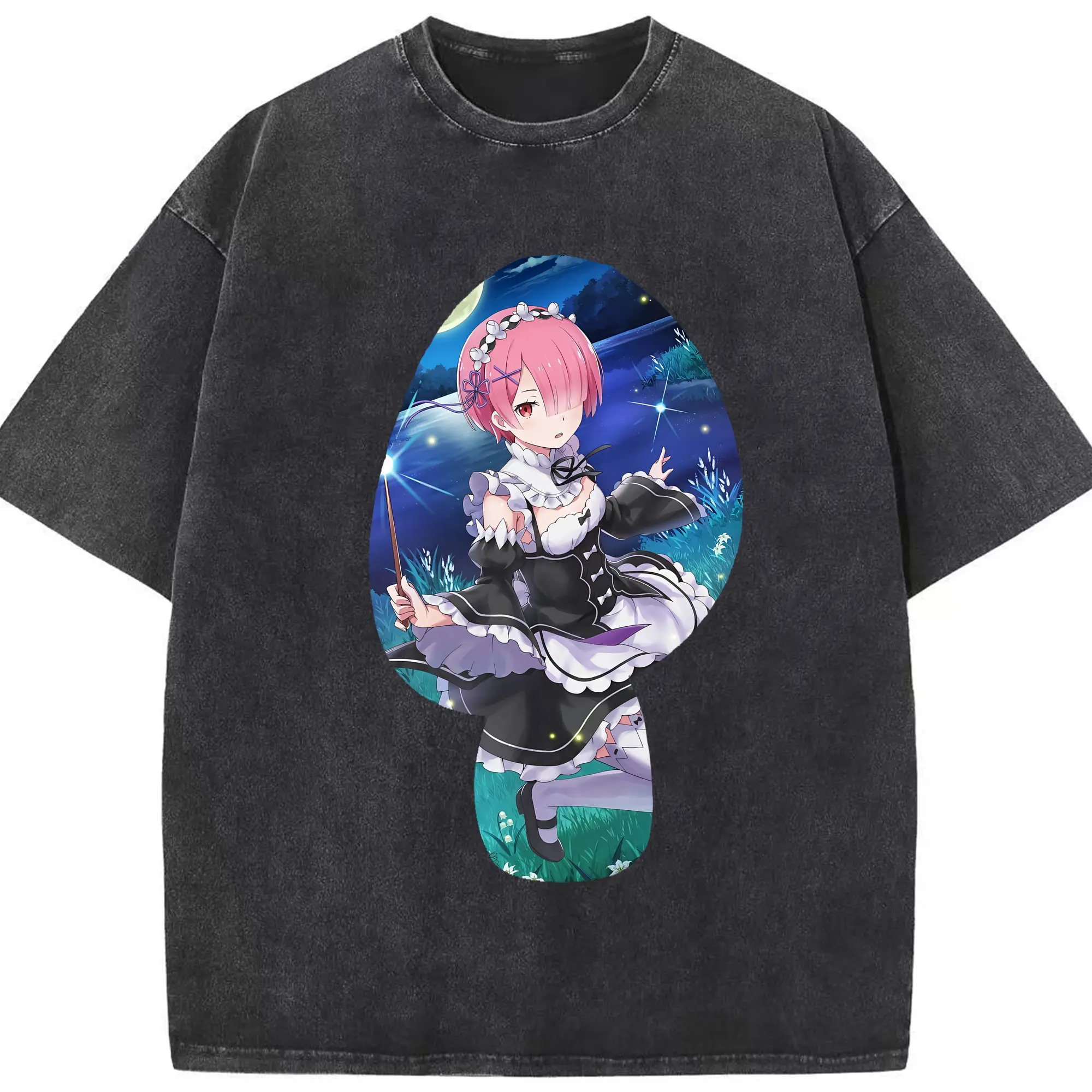 リゼロ グッズ ラム - 綿100％ ヴィンテージ風 半袖Tシャツ ・ フロントプリント ・ 柔らか肌触り ・ 通気性 快適 ・ スポーツ カジュアル 外出用