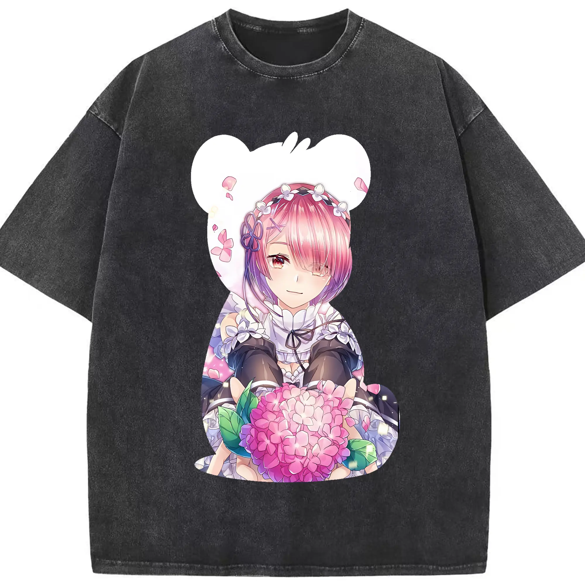 リゼロ グッズ ラム - 綿100％ ヴィンテージ風 半袖Tシャツ ・ フロントプリント ・ 柔らか肌触り ・ 通気性 快適 ・ スポーツ カジュアル 外出用