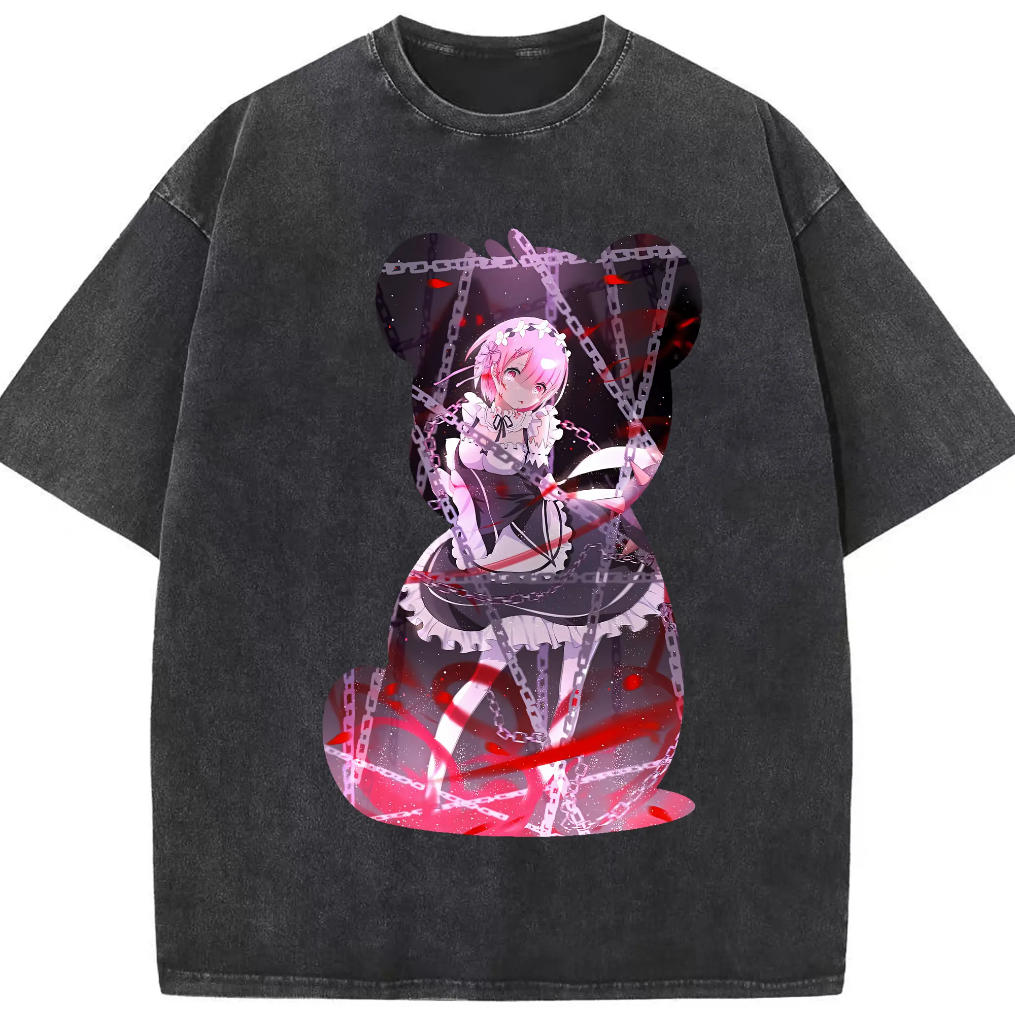 リゼロ グッズ ラム - 綿100％ ヴィンテージ風 半袖Tシャツ ・ フロントプリント ・ 柔らか肌触り ・ 通気性 快適 ・ スポーツ カジュアル 外出用