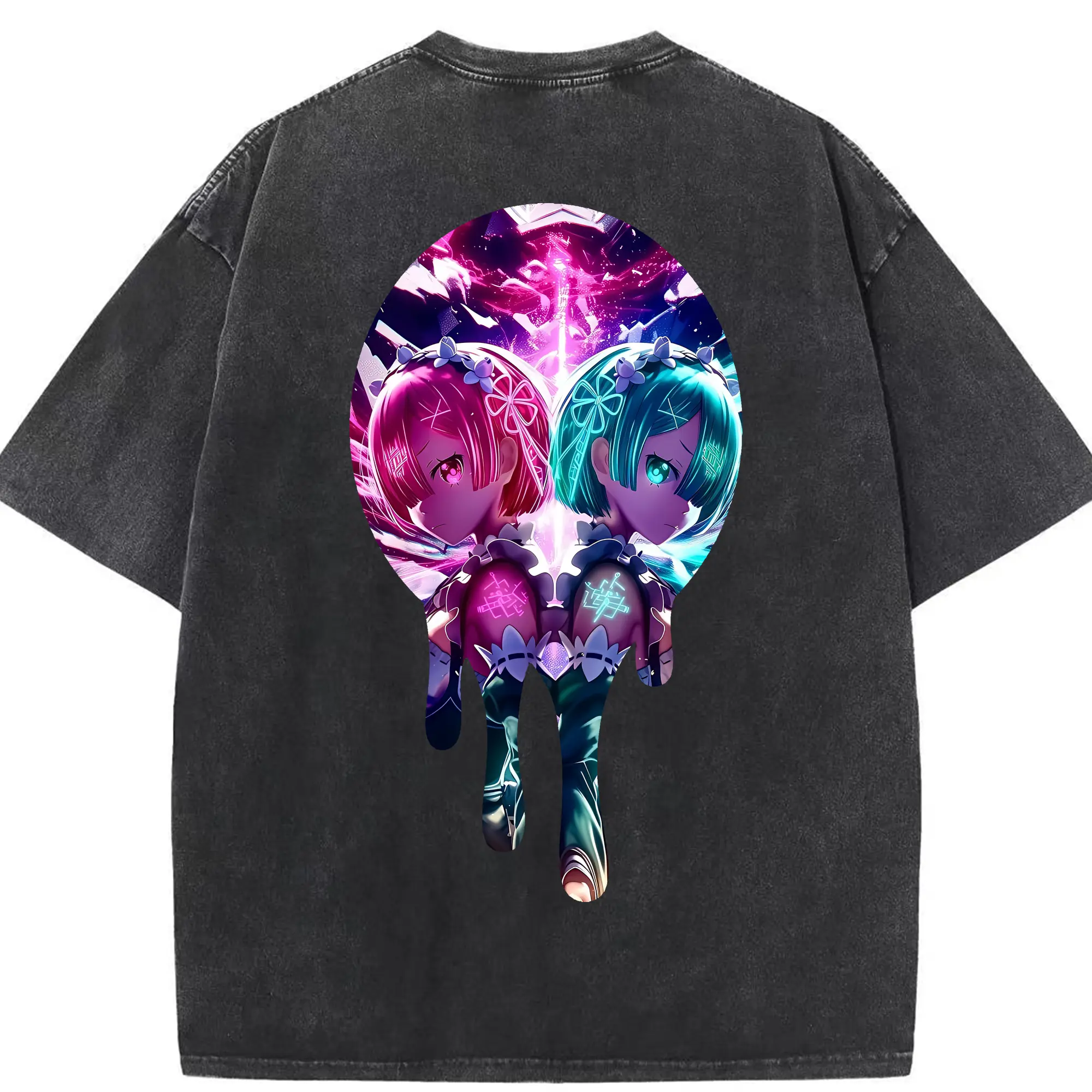 リゼロ グッズ ラム - 綿100％ ヴィンテージ風 半袖Tシャツ ・ 背面プリント ・ 柔らか肌触り ・ 通気性 快適 ・ スポーツ カジュアル 外出用