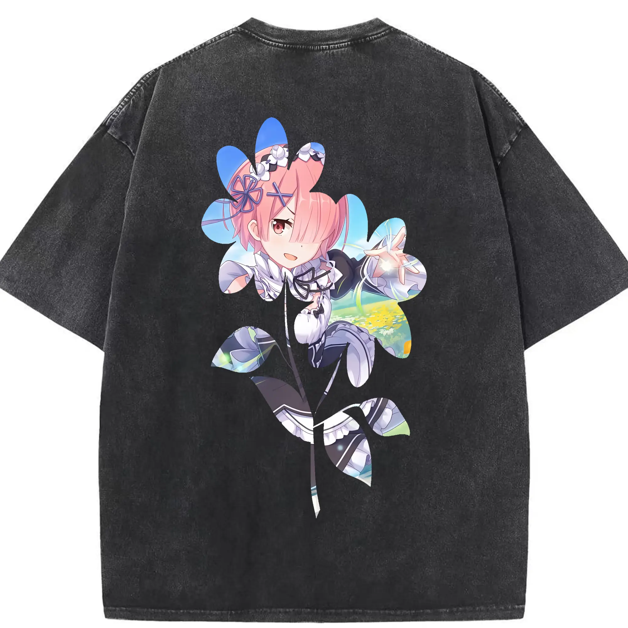 リゼロ グッズ ラム - 綿100％ ヴィンテージ風 半袖Tシャツ ・ 背面プリント ・ 柔らか肌触り ・ 通気性 快適 ・ スポーツ カジュアル 外出用