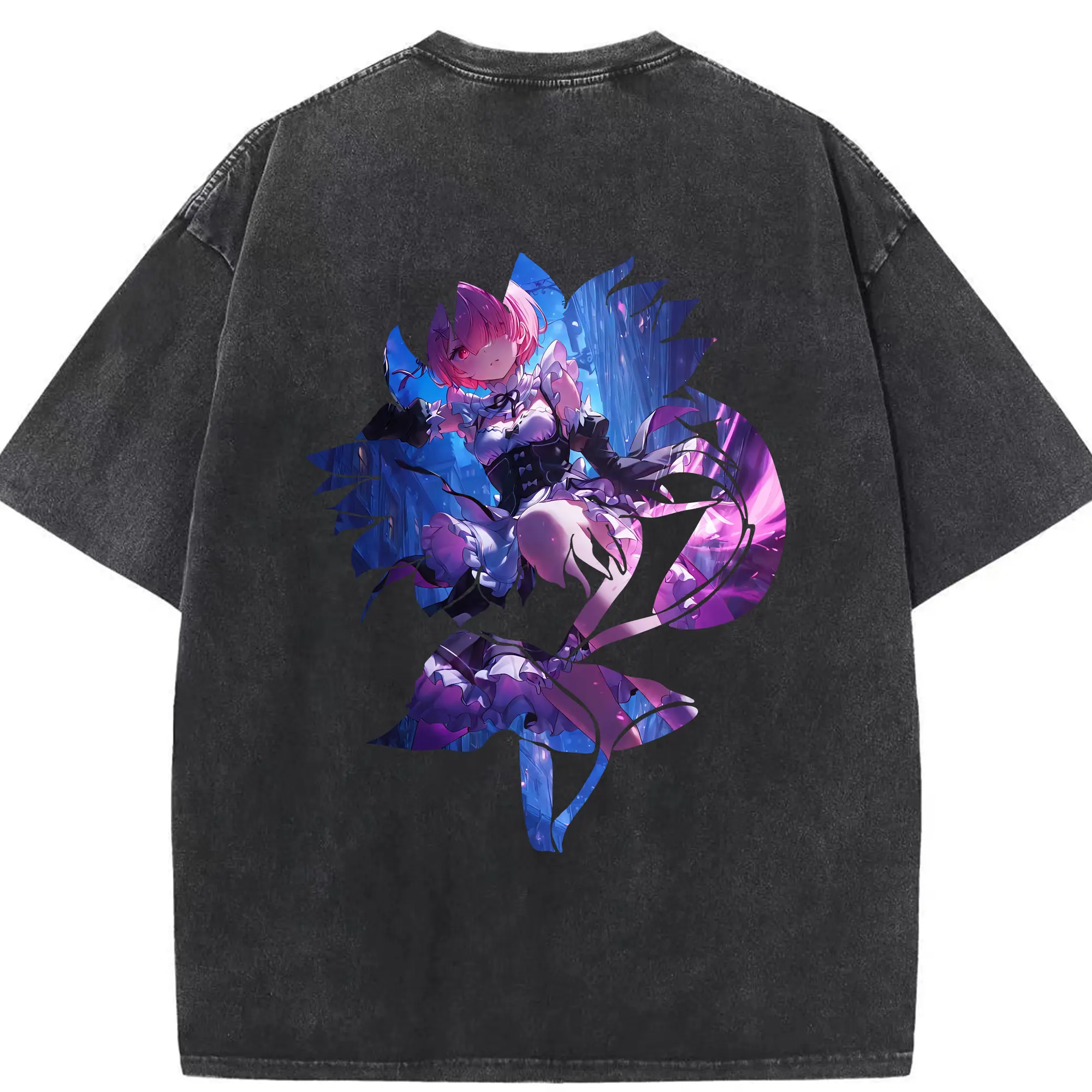 リゼロ グッズ ラム - 綿100％ ヴィンテージ風 半袖Tシャツ ・ 背面プリント ・ 柔らか肌触り ・ 通気性 快適 ・ スポーツ カジュアル 外出用