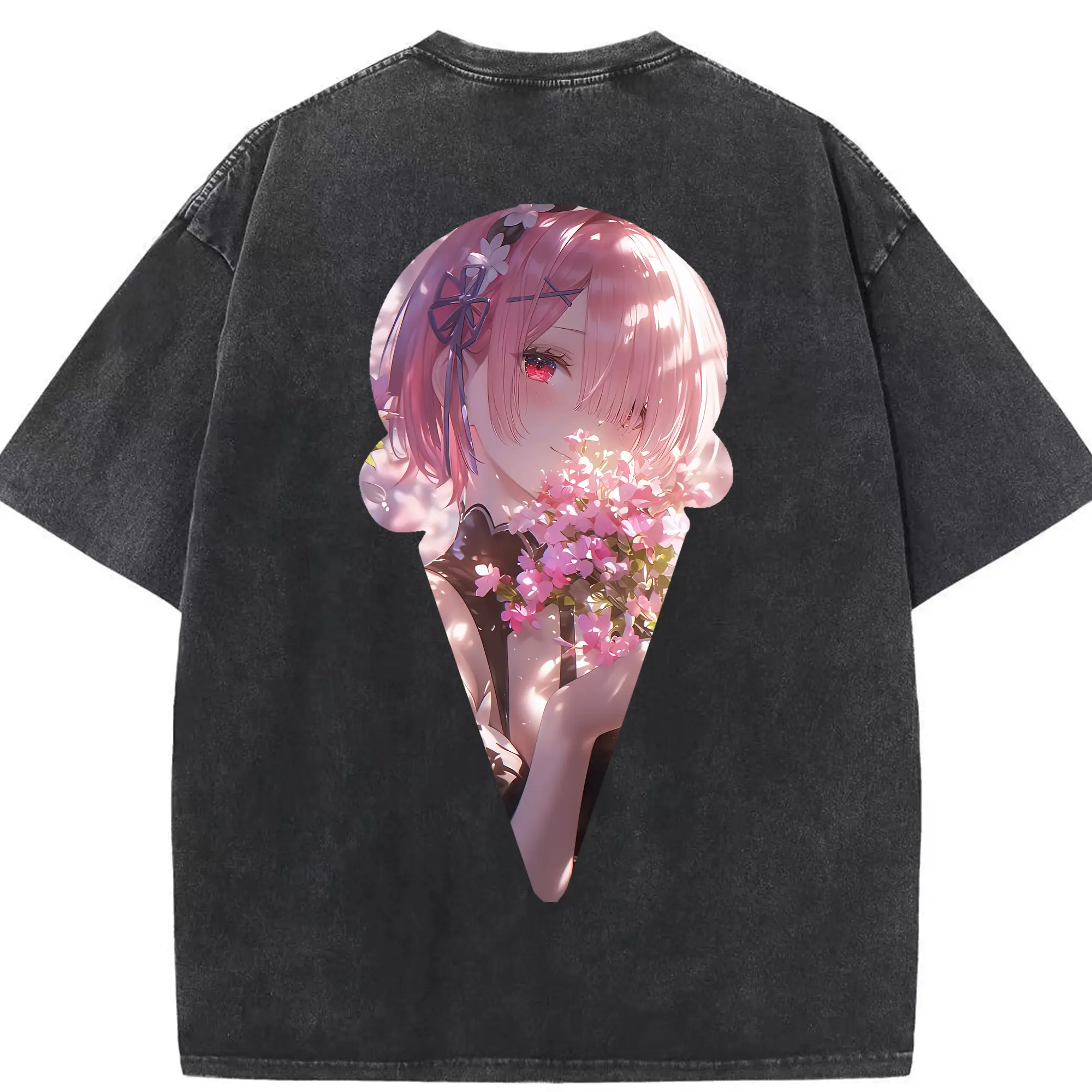 リゼロ グッズ ラム - 綿100％ ヴィンテージ風 半袖Tシャツ ・ 背面プリント ・ 柔らか肌触り ・ 通気性 快適 ・ スポーツ カジュアル 外出用