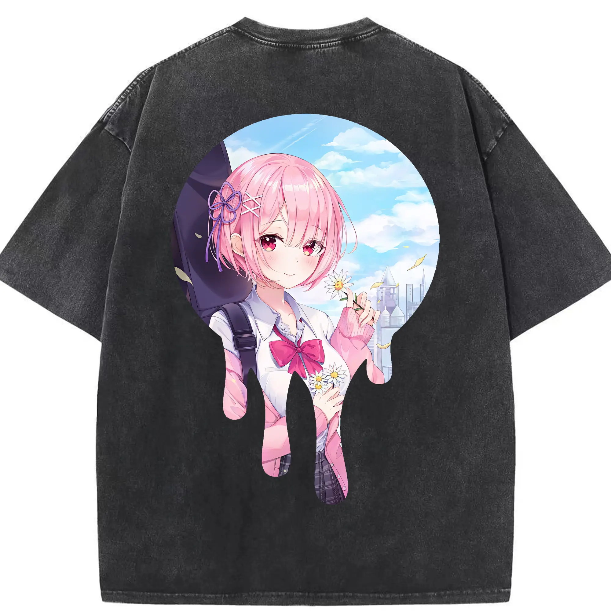 リゼロ グッズ ラム - 綿100％ ヴィンテージ風 半袖Tシャツ ・ 背面プリント ・ 柔らか肌触り ・ 通気性 快適 ・ スポーツ カジュアル 外出用