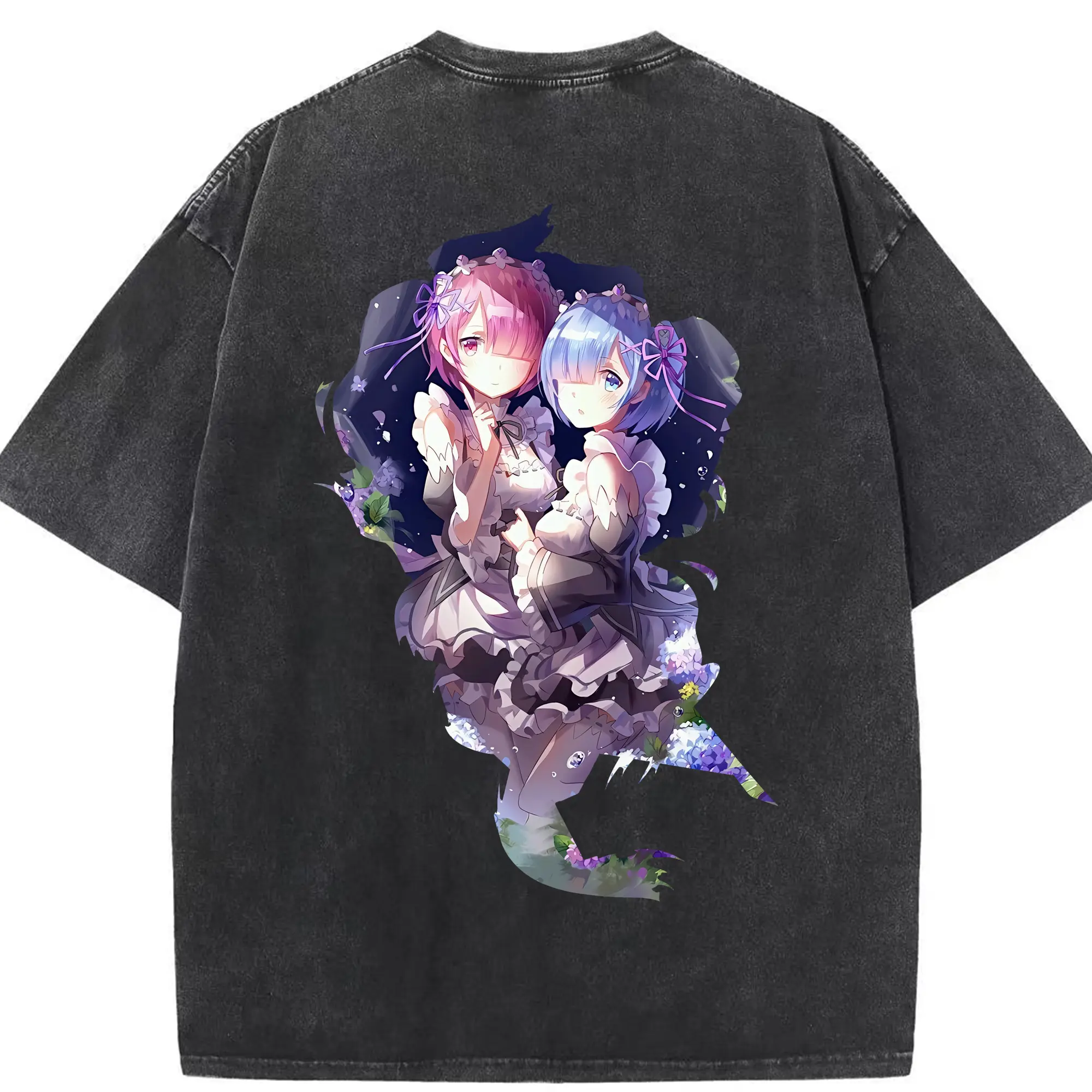 リゼロ グッズ ラム - 綿100％ ヴィンテージ風 半袖Tシャツ ・ 背面プリント ・ 柔らか肌触り ・ 通気性 快適 ・ スポーツ カジュアル 外出用