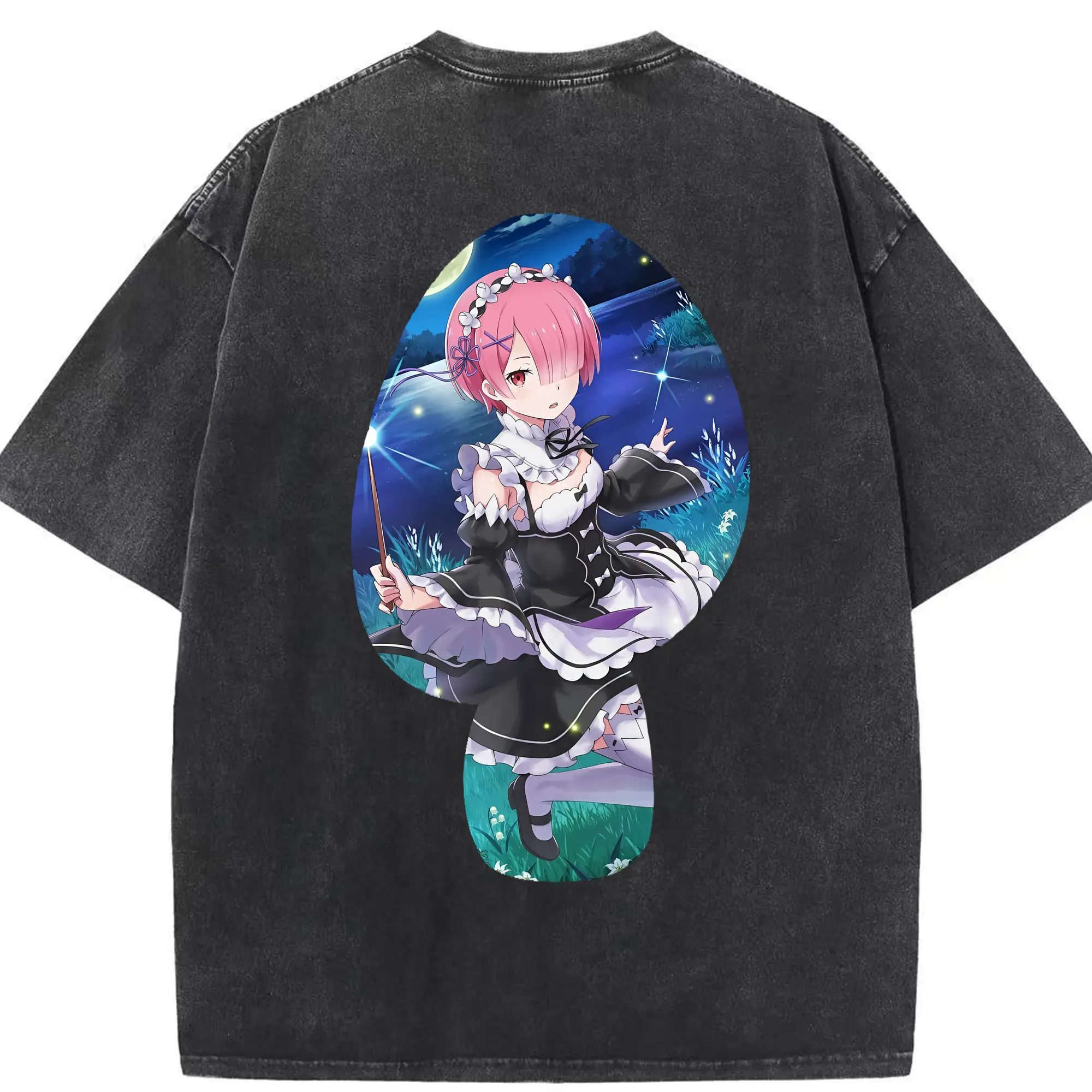 リゼロ グッズ ラム - 綿100％ ヴィンテージ風 半袖Tシャツ ・ 背面プリント ・ 柔らか肌触り ・ 通気性 快適 ・ スポーツ カジュアル 外出用