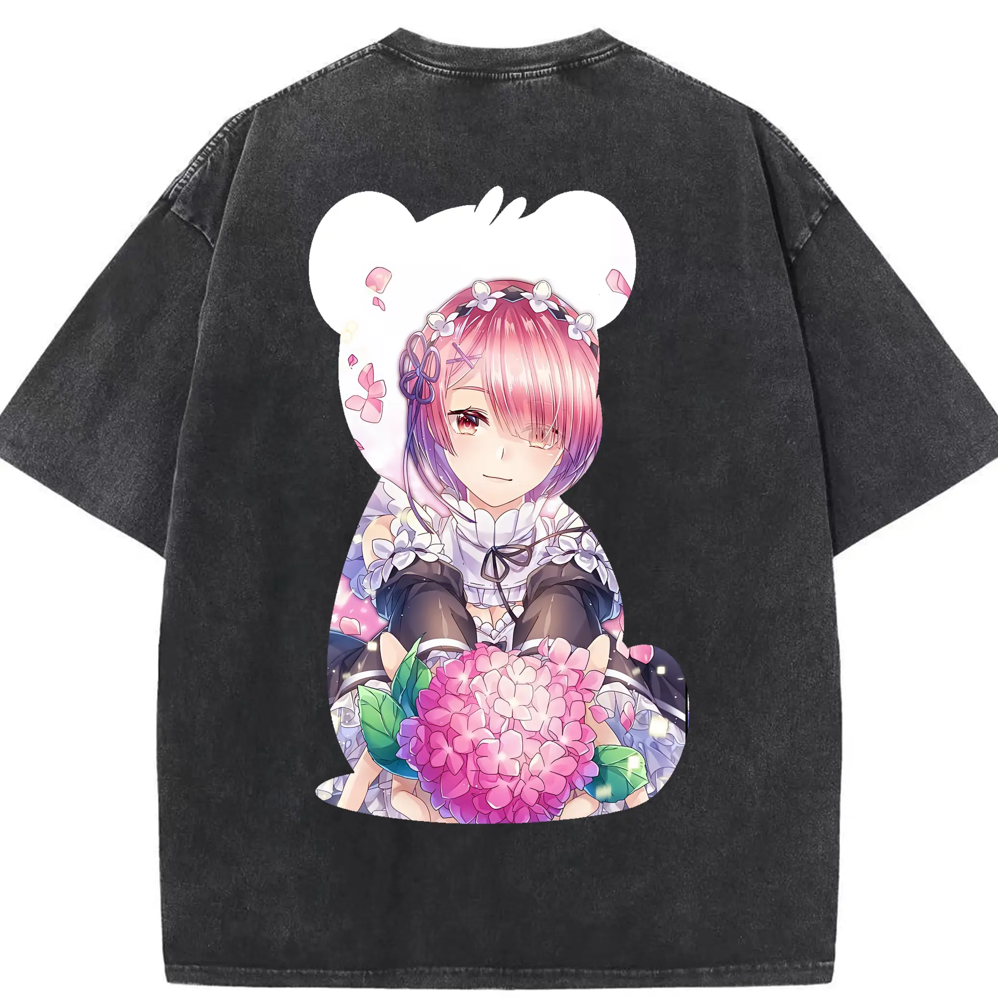 リゼロ グッズ ラム - 綿100％ ヴィンテージ風 半袖Tシャツ ・ 背面プリント ・ 柔らか肌触り ・ 通気性 快適 ・ スポーツ カジュアル 外出用