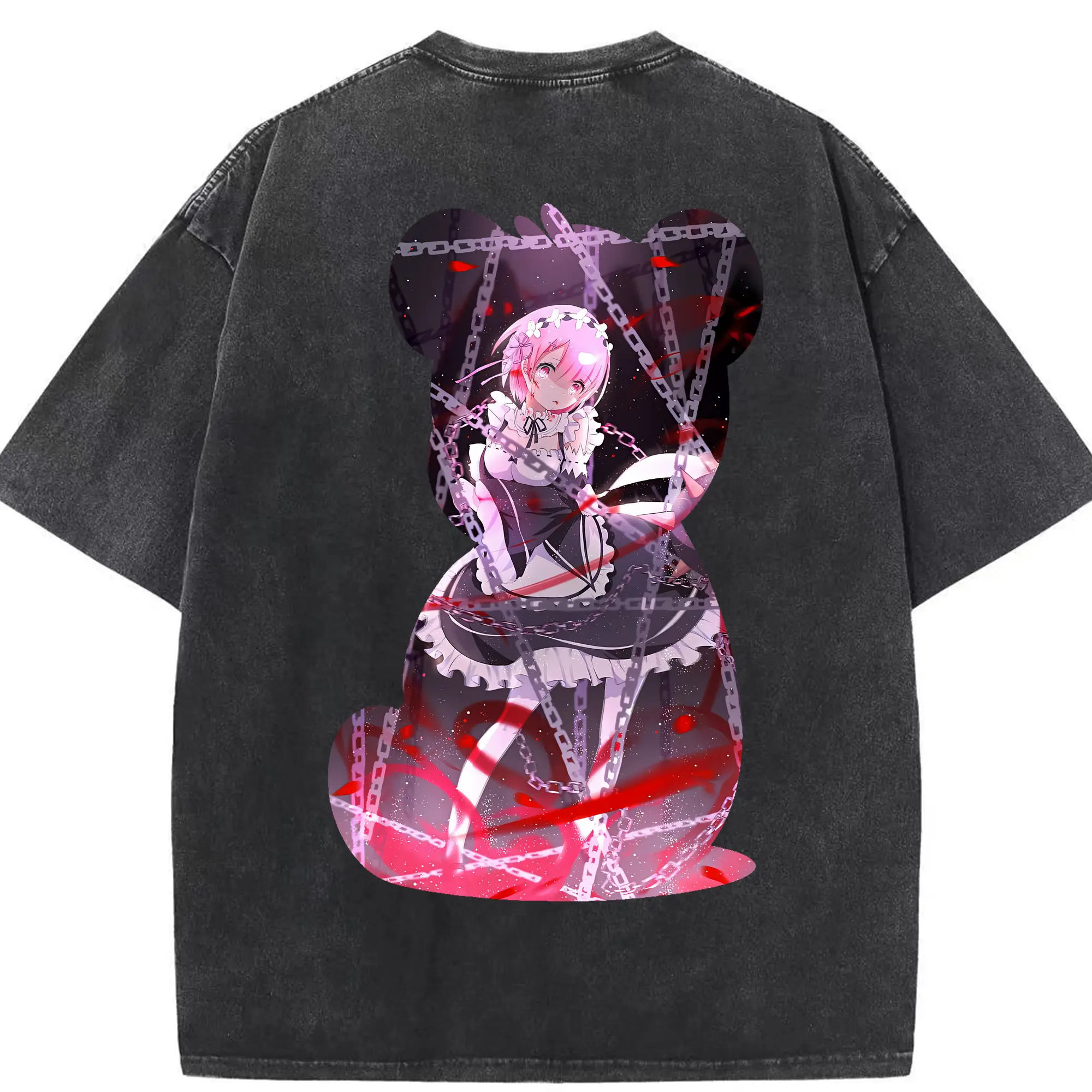 リゼロ グッズ ラム - 綿100％ ヴィンテージ風 半袖Tシャツ ・ 背面プリント ・ 柔らか肌触り ・ 通気性 快適 ・ スポーツ カジュアル 外出用