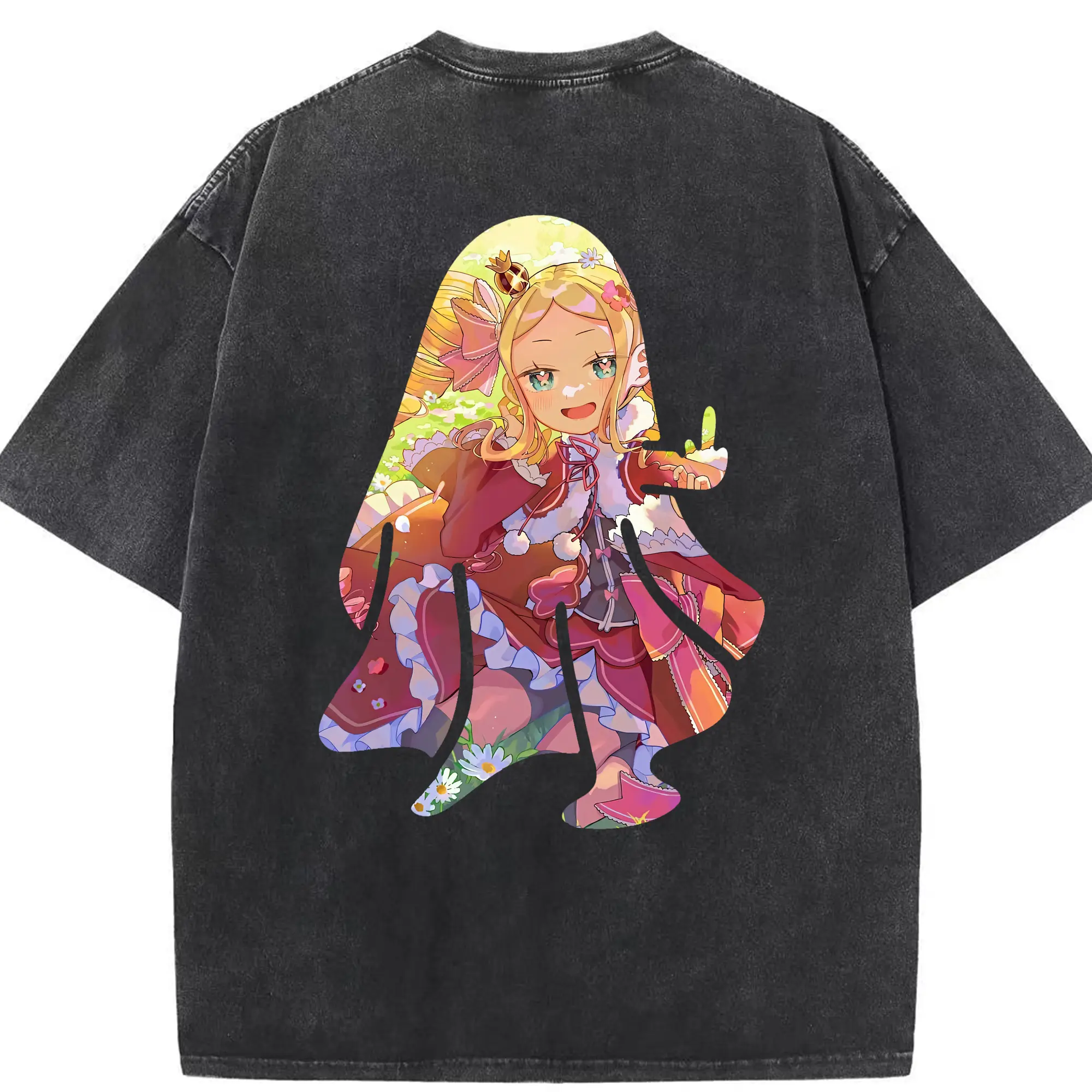 リゼロ グッズ ベアトリス - 綿100％ ヴィンテージ風 半袖Tシャツ ・ 背面プリント ・ 柔らか肌触り ・ 通気性 快適 ・ スポーツ カジュアル 外出用