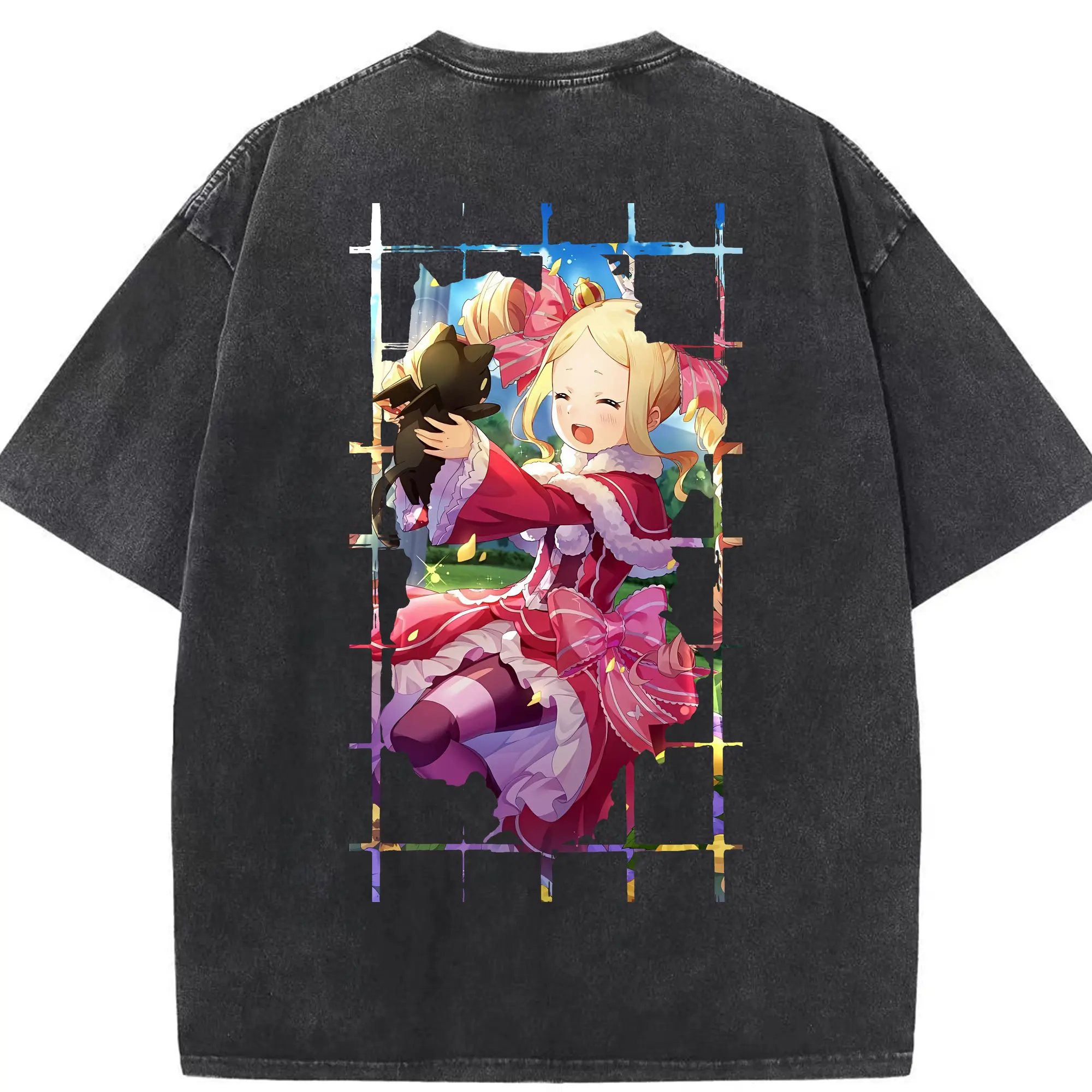 リゼロ グッズ ベアトリス - 綿100％ ヴィンテージ風 半袖Tシャツ ・ 背面プリント ・ 柔らか肌触り ・ 通気性 快適 ・ スポーツ カジュアル 外出用