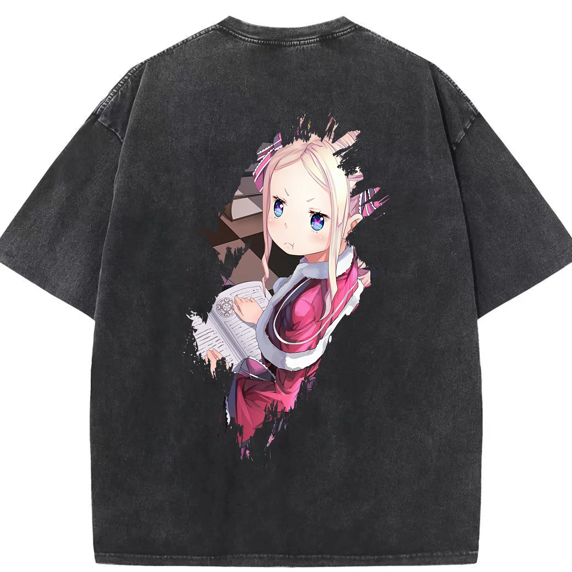 リゼロ グッズ ベアトリス - 綿100％ ヴィンテージ風 半袖Tシャツ ・ 背面プリント ・ 柔らか肌触り ・ 通気性 快適 ・ スポーツ カジュアル 外出用
